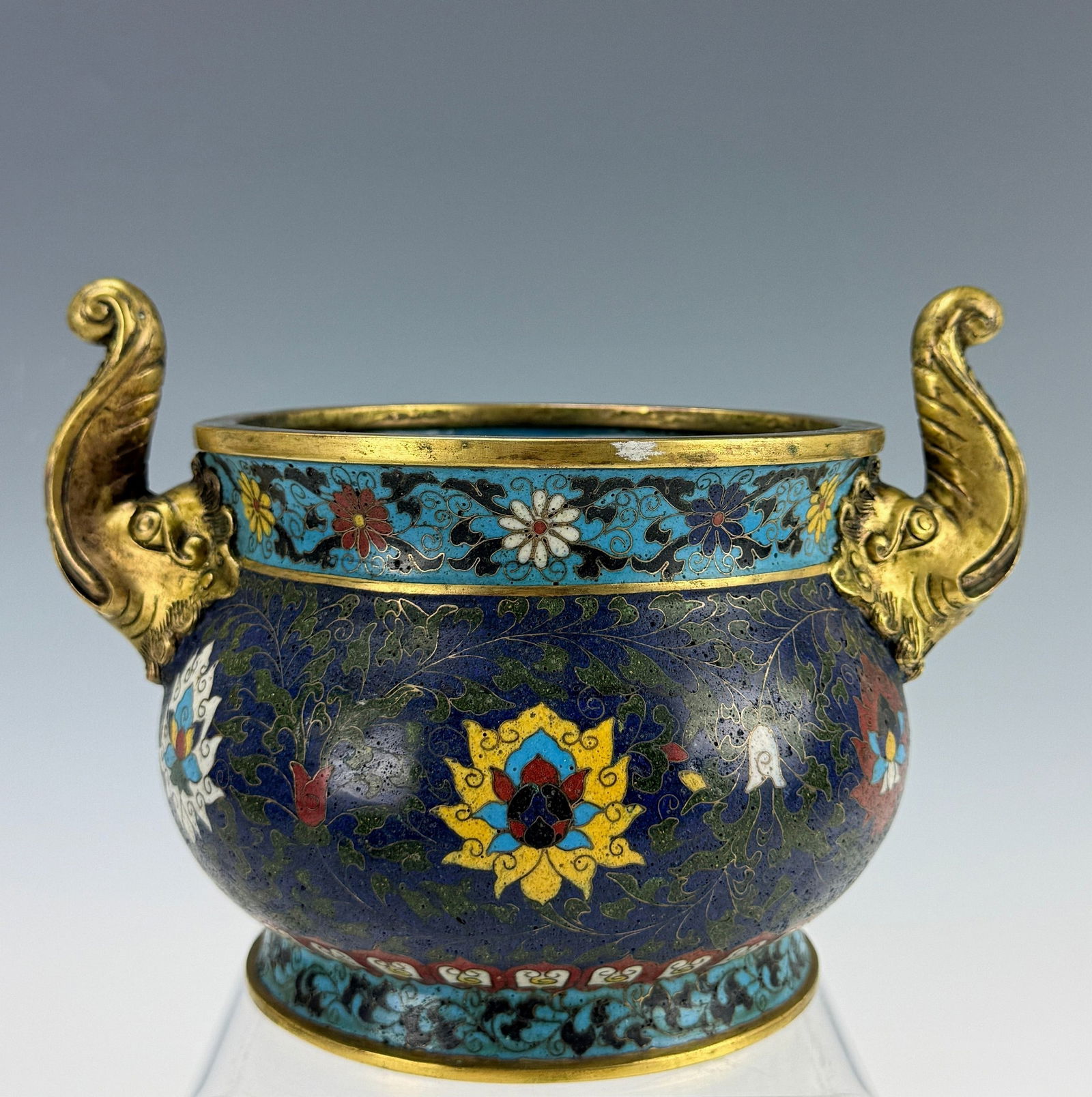 Chinese Cloisonne Incense Burner With Elephone Handles,Xuande Mark: A Chinese Cloisonne Incense Burner With Elephone Handles,Xuande Mark. W 22 cm (8.7in) x H 15cm (6in),Preview from Apr 20th to 24th from 1:00 PM TO 5:00 PM Eastern Time, Location: 15229 Display Court,