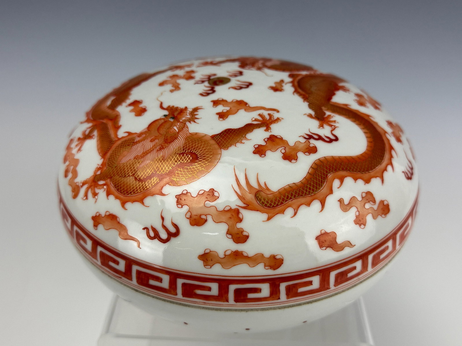 Chinese Gilded on Iron Red Dragon Porcelain Covered Box Daoguang Mark: Chinese Gilded on Iron Red Dragon Porcelain Covered Box Daoguang Mark.D 17.5 cm (7in) x H10 cm ( 4in) . Preview from Apr 20th to 24th from 1:00 PM TO 5:00 PM Eastern Time, Location: 15229 Display Cour