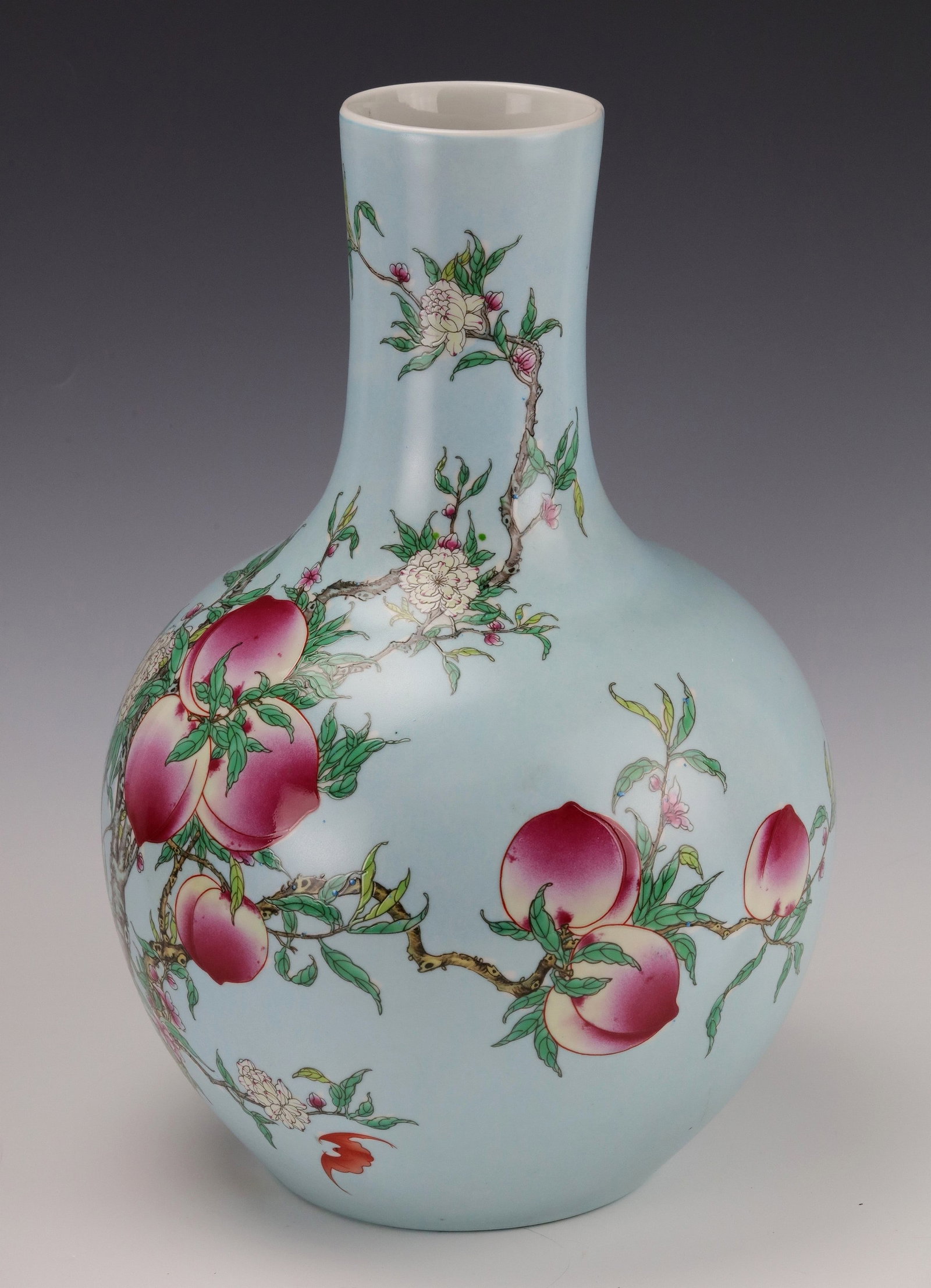 Chinese Famille Rose Nine Peach Porcelain Vase Yongzheng Mark: Chinese Famille Rose Nine Peach Porcelain Vase Yongzheng Mark. H 40c m (15.7in). Preview from Apr 20th to 24th from 1:00 PM TO 5:00 PM Eastern Time, Location: 15229 Display Court, Rockville, MD 20850.