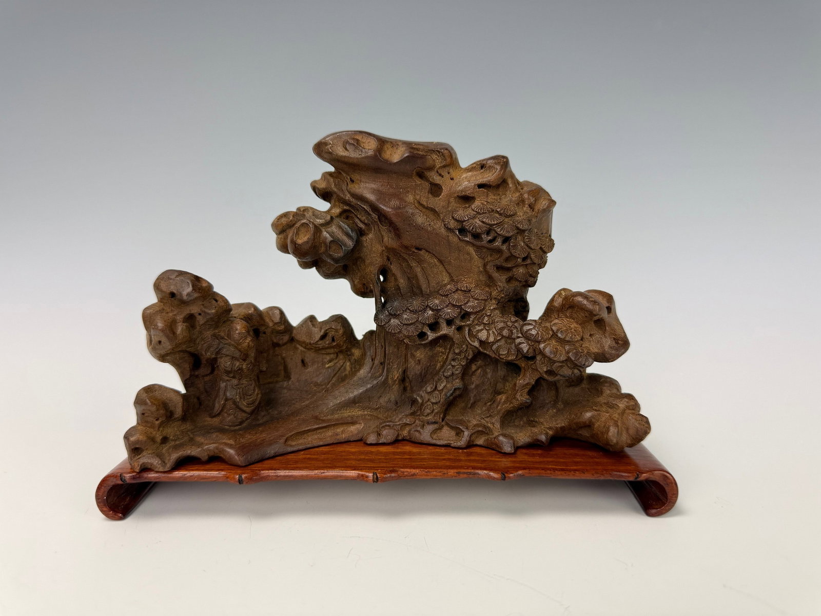 Chinese Carved Landscape Bamboo Mountain: Chinese Bamboo Statue with carving of a man, mountain, trees, W15.4cm (6in) x H9.7cm (4in).Preview from Apr 20th to 24th from 1:00 PM TO 5:00 PM Eastern Time, Location: 15229 Display Court, Rockville,