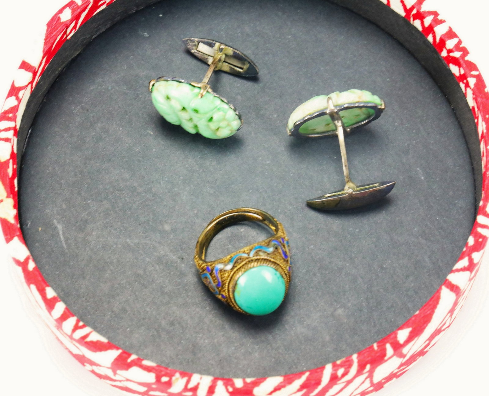 Pair of Chinese Vintage Jadeite Cuff and A Turquoise Enamel Silve Ring: Pair of Chinese Vintage Jadeite Cuf, and Art Deco Chinese Export Ring Natural Turquoise Enamel Silve.Preview from Apr 20th to 24th from 1:00 PM TO 5:00 PM Eastern Time, Location: 15229 Display Court,