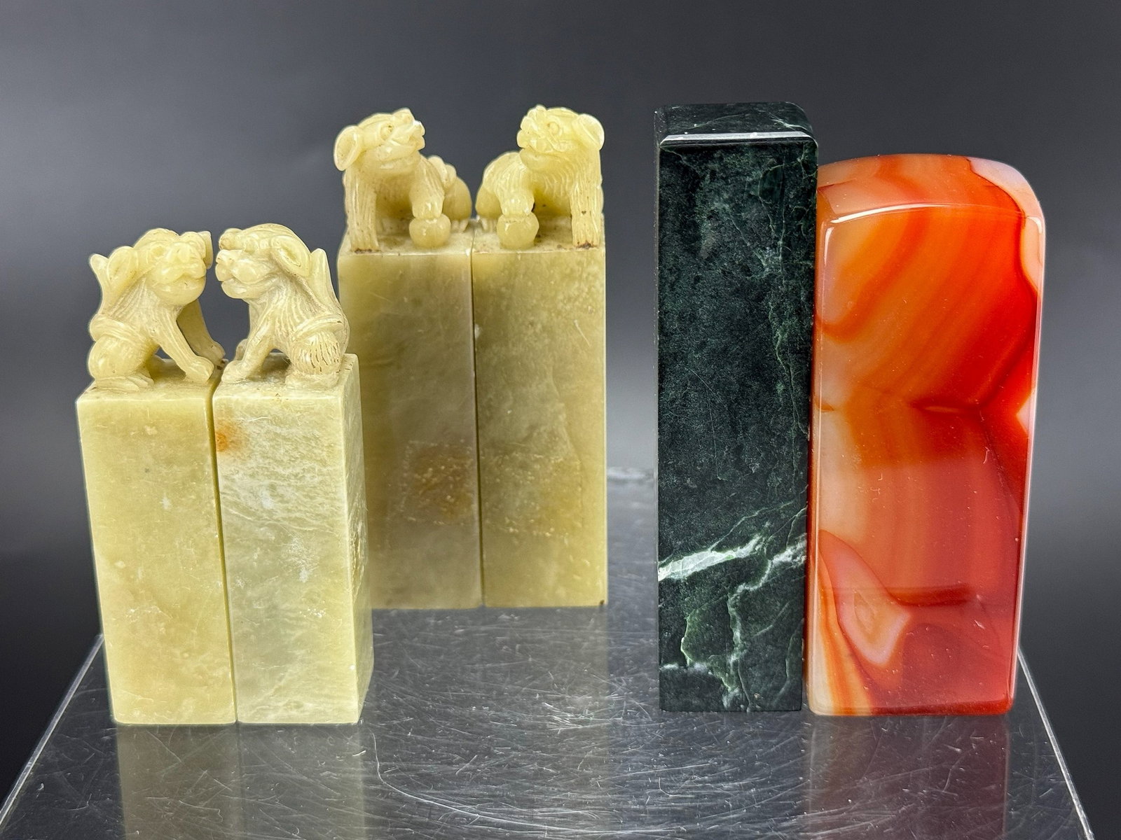 Group of 6 Chinese Stone Seal Chops: Group of 6 Chinese Stone Seal Chops, The biggest one H 7.3 cm.Preview from Apr 20th to 24th from 1:00 PM TO 5:00 PM Eastern Time, Location: 15229 Display Court, Rockville, MD 20850.