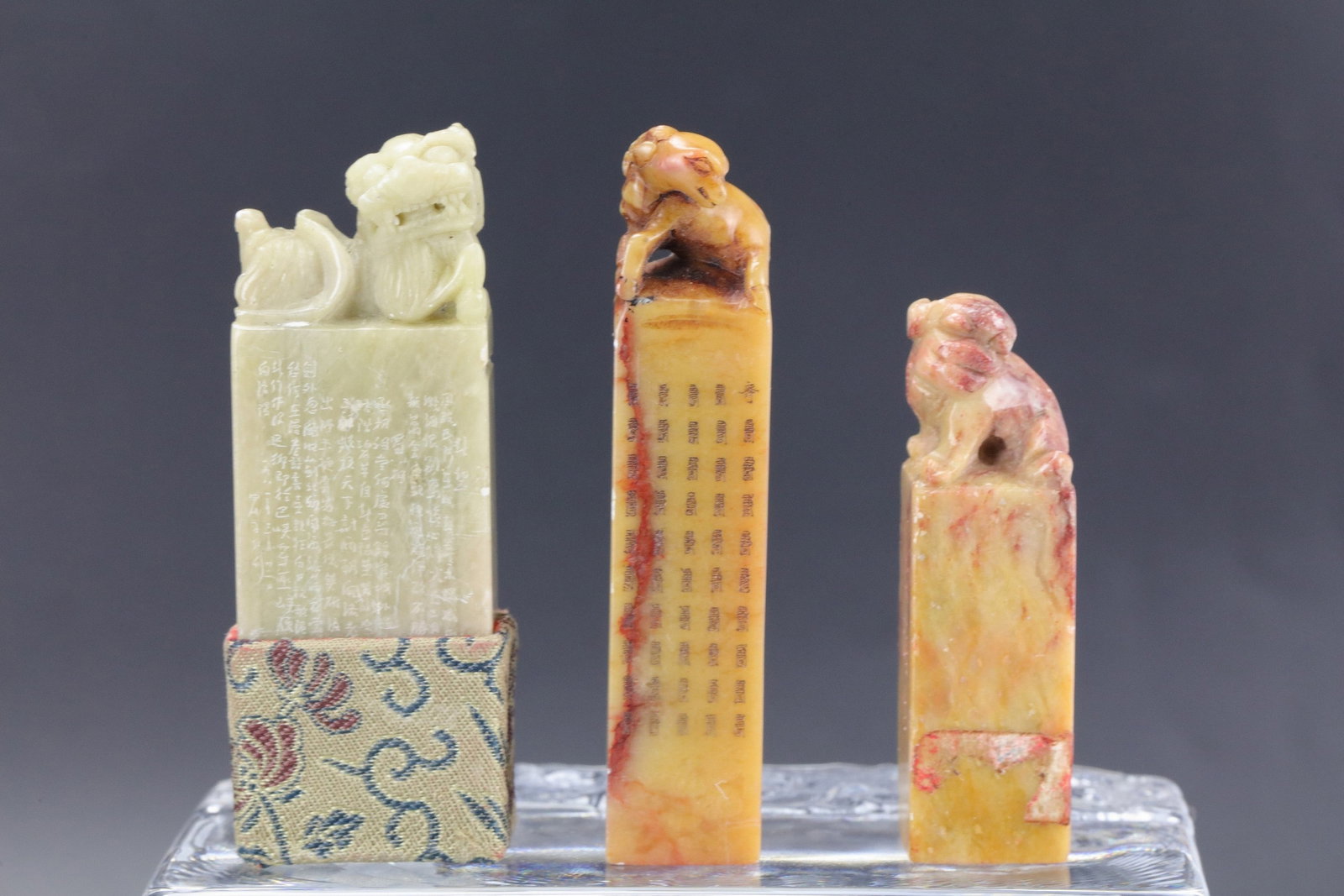 Group of 3 Chinese Caved Shoushan Stone Seal Chops: Group of 3 Chinese Caved Shoushan Stone Seal Chops,size 6 cm.Preview from Apr 20th to 24th from 1:00 PM TO 5:00 PM Eastern Time, Location: 15229 Display Court, Rockville, MD 20850.