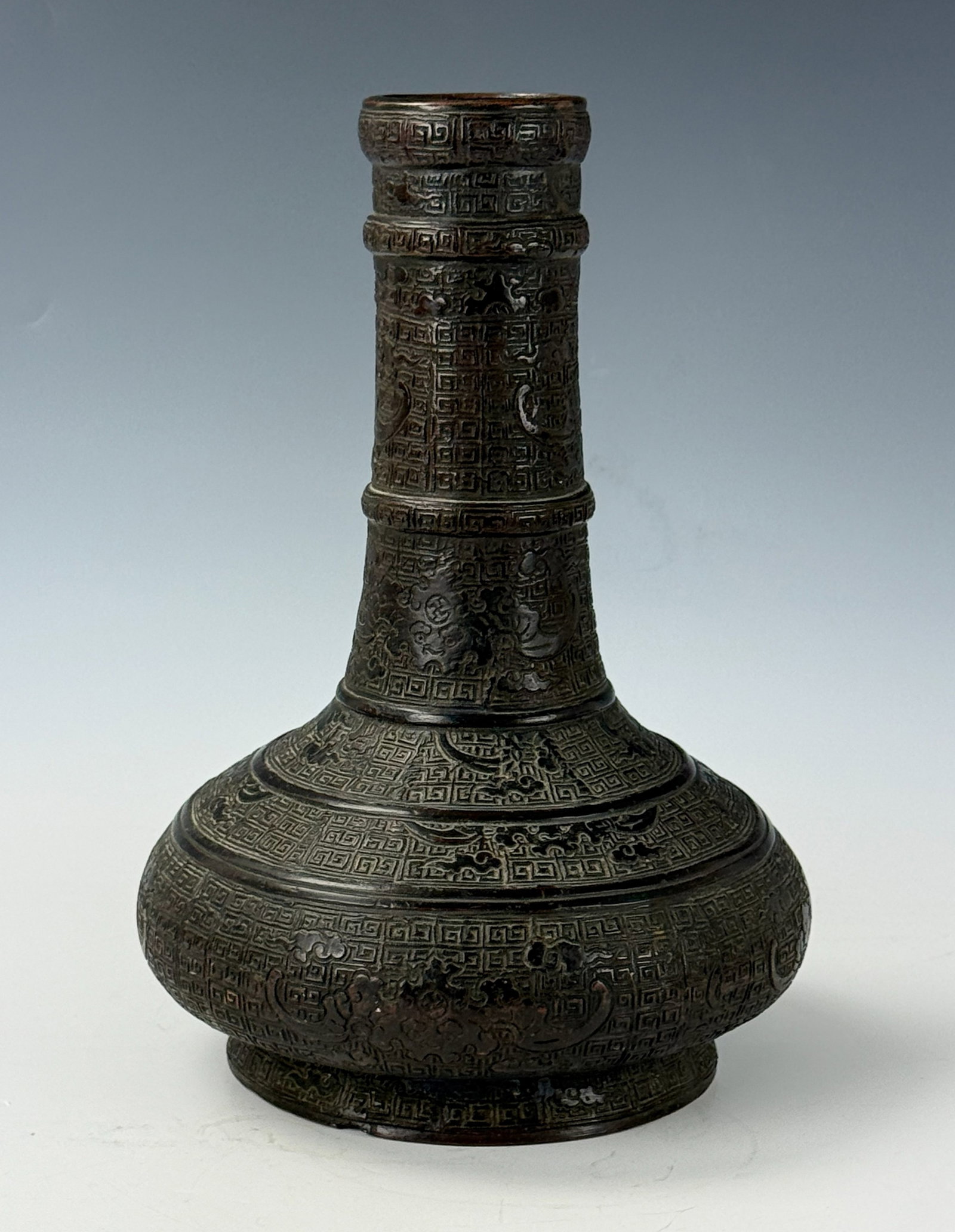 A Chinese Antique Chinese Bronze Vase with Wood Stand: A Chinese Antique Chinese Bronze Vase with Wood Stand,H 35 cm( 13.5 in.).Preview from Apr 20th to 24th from 1:00 PM TO 5:00 PM Eastern Time, Location: 15229 Display Court, Rockville, MD 20850.
