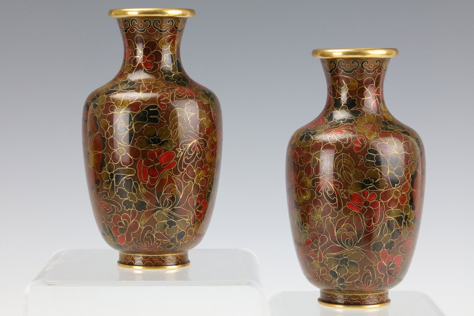 Pair of Chinese Cloisonne Copper Vases: Pair of Chinese Cloisonne Copper Vases, H 15 cm(6 in.) x2 .Preview from Apr 20th to 24th from 1:00 PM TO 5:00 PM Eastern Time, Location: 15229 Display Court, Rockville, MD 20850.