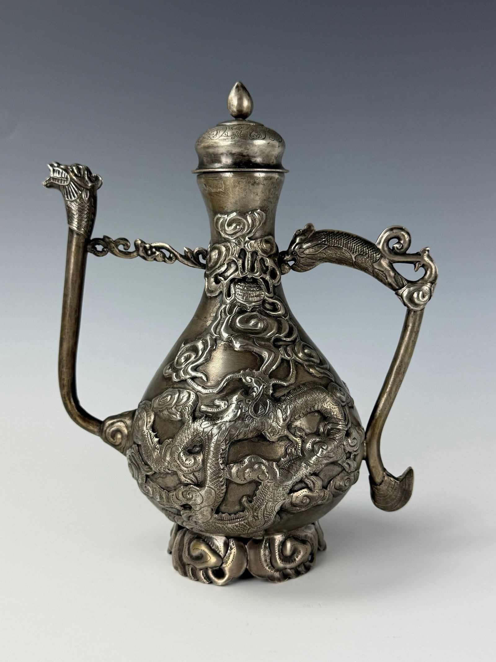 Vintage Chinese Scrap Silver Teapot: Vintage Chinese Scrap Silver Teapot,size 23 x 20 x 13 cm.Preview from Apr 20th to 24th from 1:00 PM TO 5:00 PM Eastern Time, Location: 15229 Display Court, Rockville, MD 20850.