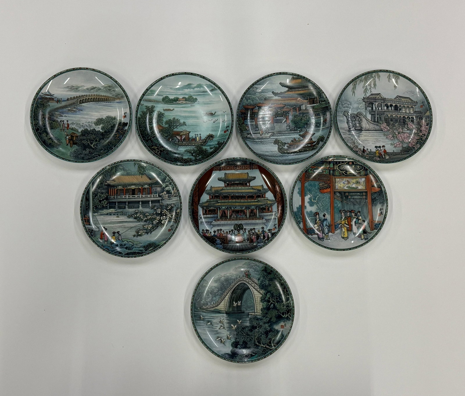 JingDeZhen Porcelain Plate Set of The Summer Palace (8pc): JingDeZhen Porcelain Plate Set,The Summer Palace (8pc),each D21.5cm (8.5in). Preview from Apr 20th to 24th from 1:00 PM TO 5:00 PM Eastern Time, Location: 15229 Display Court, Rockville, MD 20850.