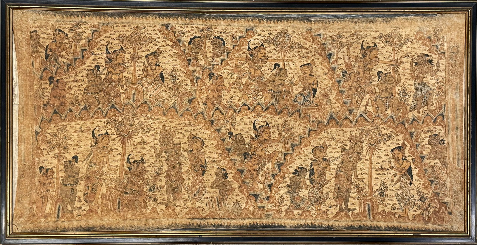 A Traditional Balinese Narrative Painting on Fabric: A Traditional Balinese Narrative Painting on Fabric, W 184 cm(72in) x H 95 cm (37.5in). Preview from Apr 20th to 24th from 1:00 PM TO 5:00 PM Eastern Time, Location: 15229 Display Court, Rockville, MD