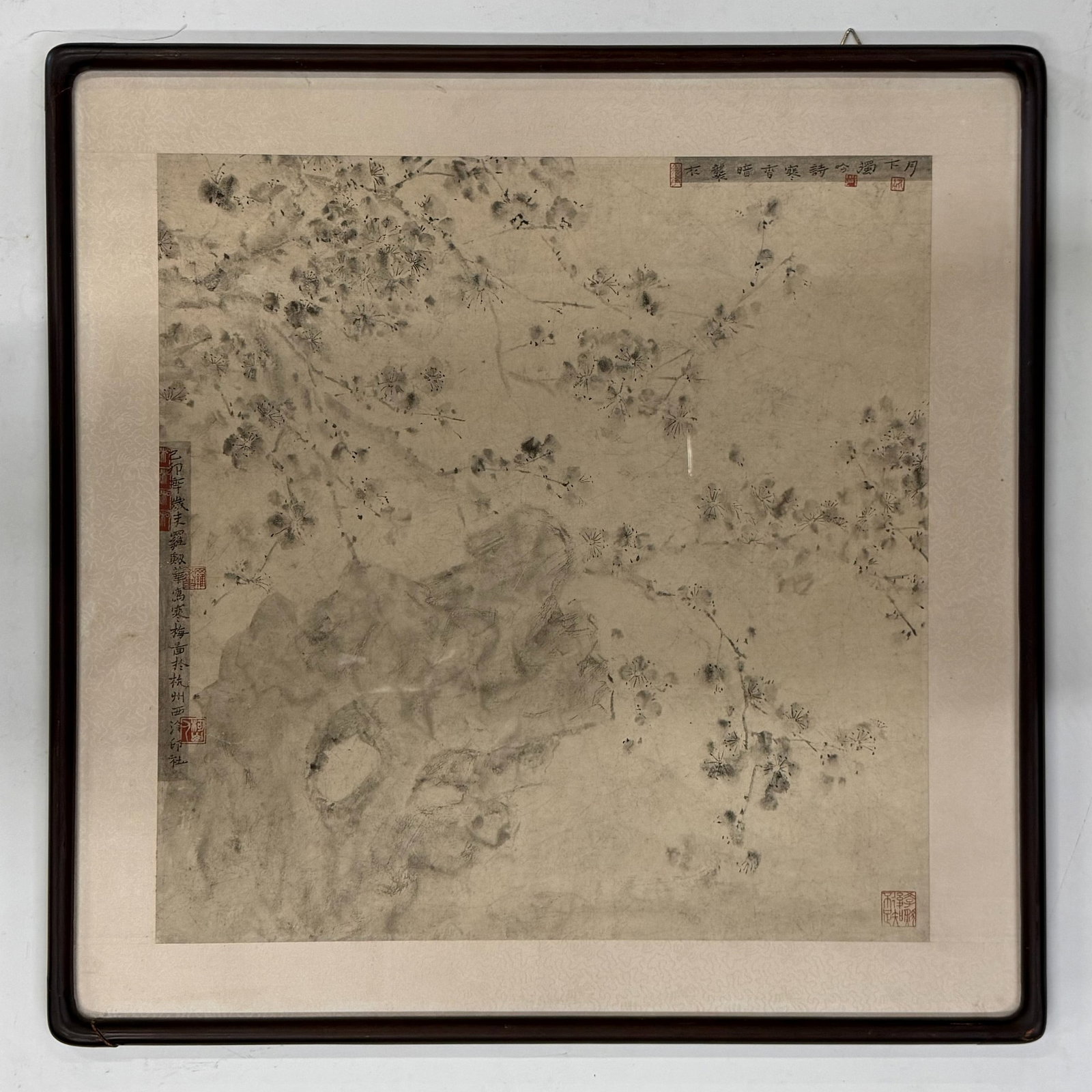 Luojianhua Chinese Traditional Painting: Luojianhua Chinese Traditional Painting, Plum Blossoms and Rocks.H 83cm( 32.7in.) x W 83cm( 32.7in.).Preview from Apr 20th to 24th from 1:00 PM TO 5:00 PM Eastern Time, Location: 15229 Display Court,