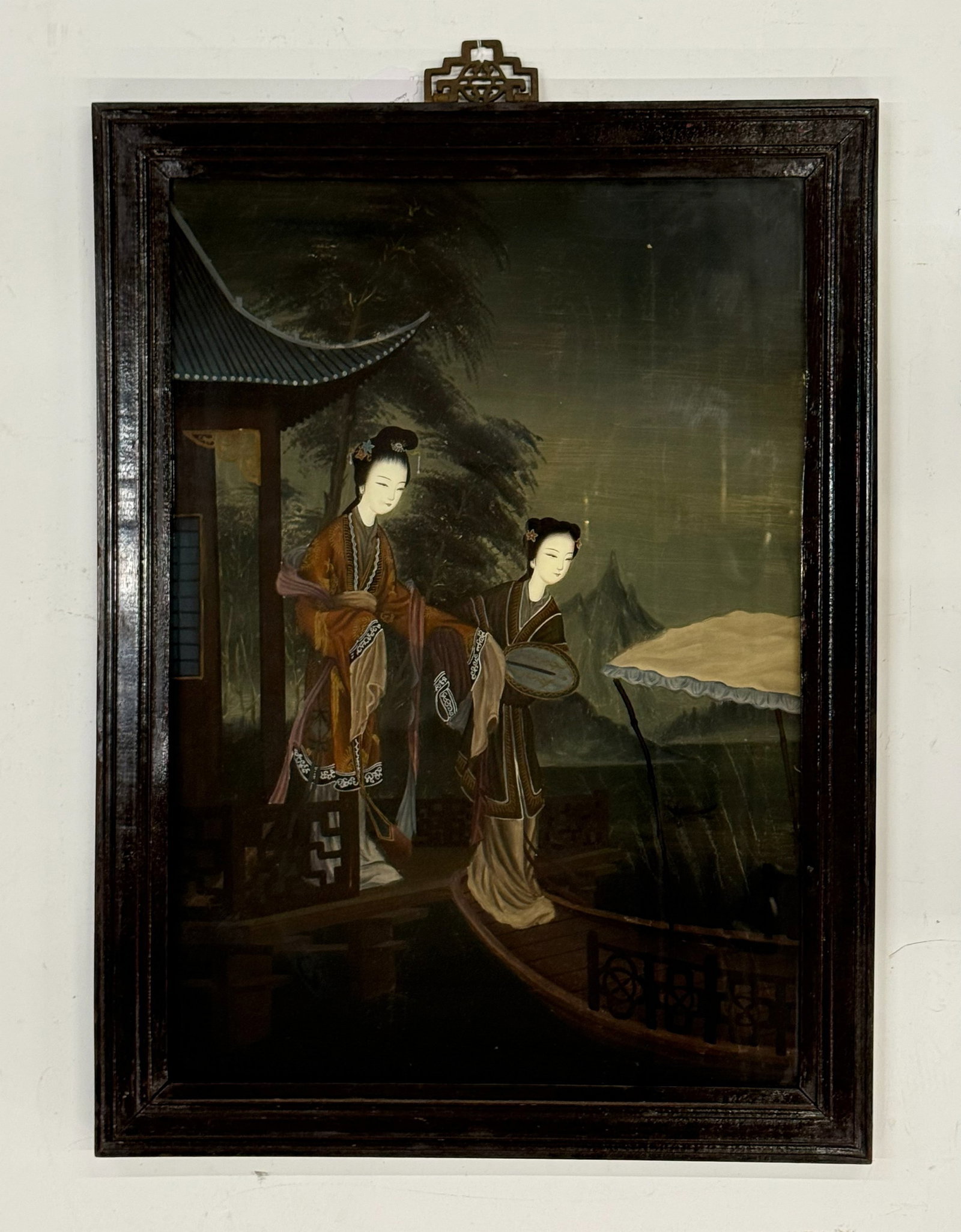 A Vintage Chinese Reverse Glass Painting with Two Female Figures (1 of 3)