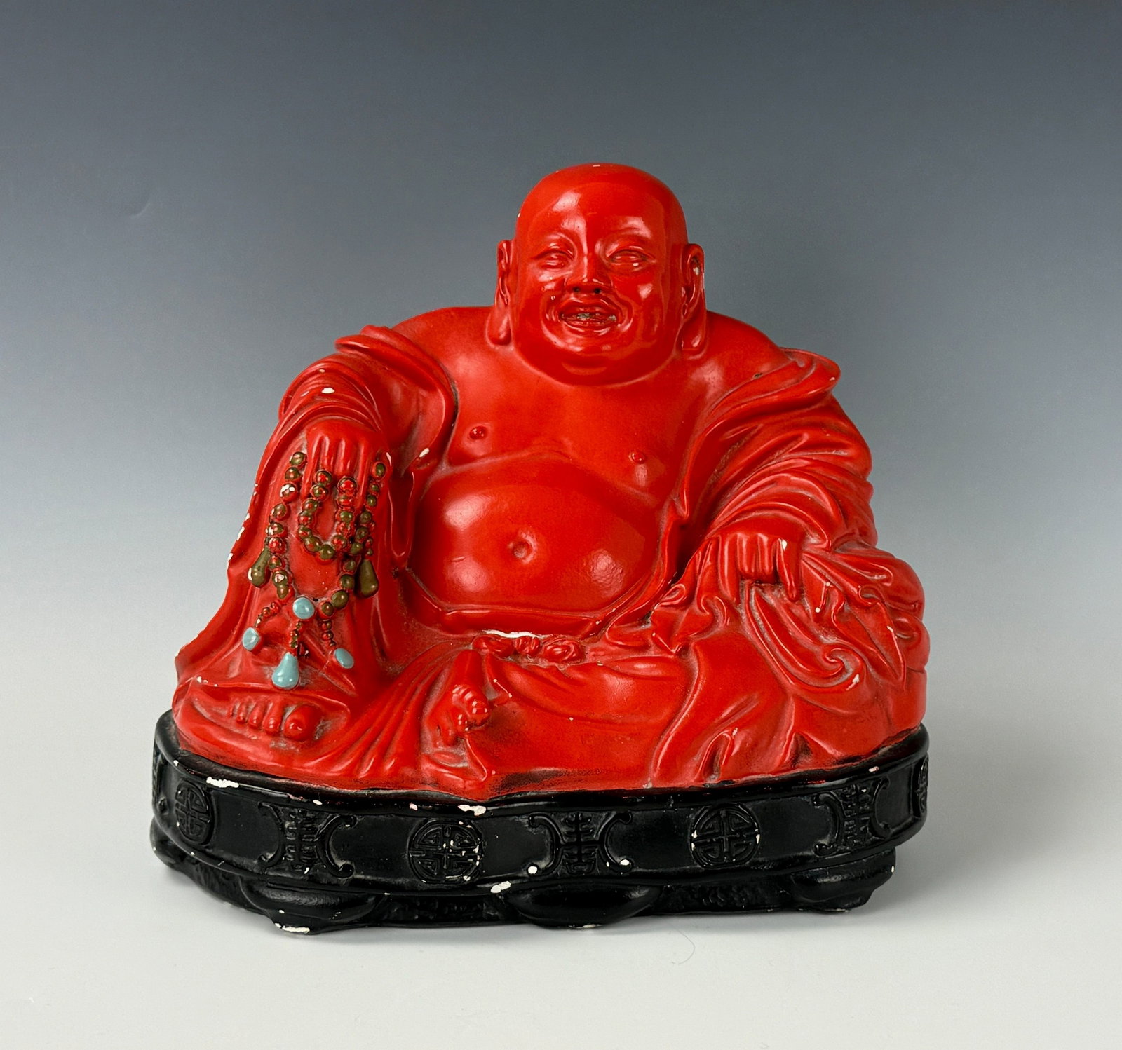 A Chinese Plaster Laughing Buddha Staue: A Chinese Plaster Laughing Buddha Staue. H26cm( 10.2in) x W29cm (11.4in) x D22cm(8.7in).Preview from Apr 20th to 24th from 1:00 PM TO 5:00 PM Eastern Time, Location: 15229 Display Court, Rockville, MD