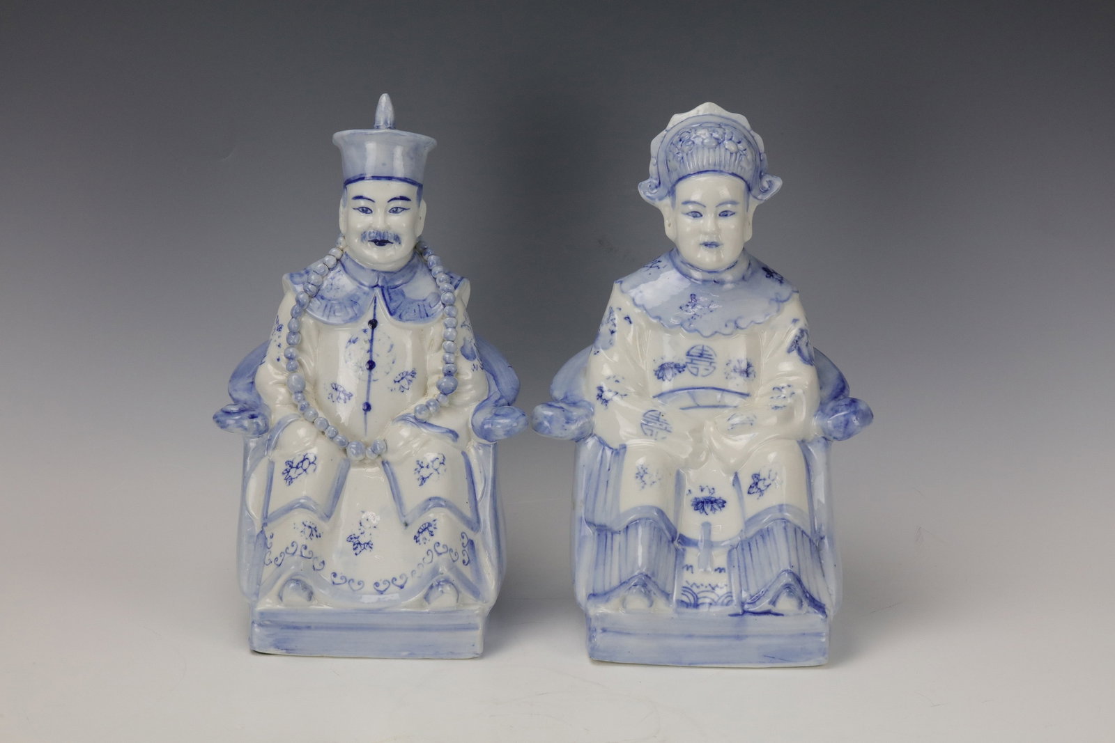 Pair Of Chinese Blue and White Porcelain Figures: Pair Of Chinese Blue and White Porcelain Figures,H 30 cm( 12 in.)x2.Preview from Apr 20th to 24th from 1:00 PM TO 5:00 PM Eastern Time, Location: 15229 Display Court, Rockville, MD 20850.