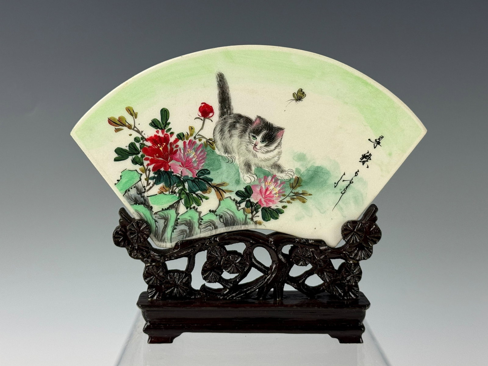 A Fan Shaped Chinese Stone Plaque with Painting: A Fan Shaped Chinese Stone Plaque with Painting,H 14.5 cm(5.7in.) x W 18 cm(7.1 in.).Preview from Apr 20th to 24th from 1:00 PM TO 5:00 PM Eastern Time, Location: 15229 Display Court, Rockville, MD 20