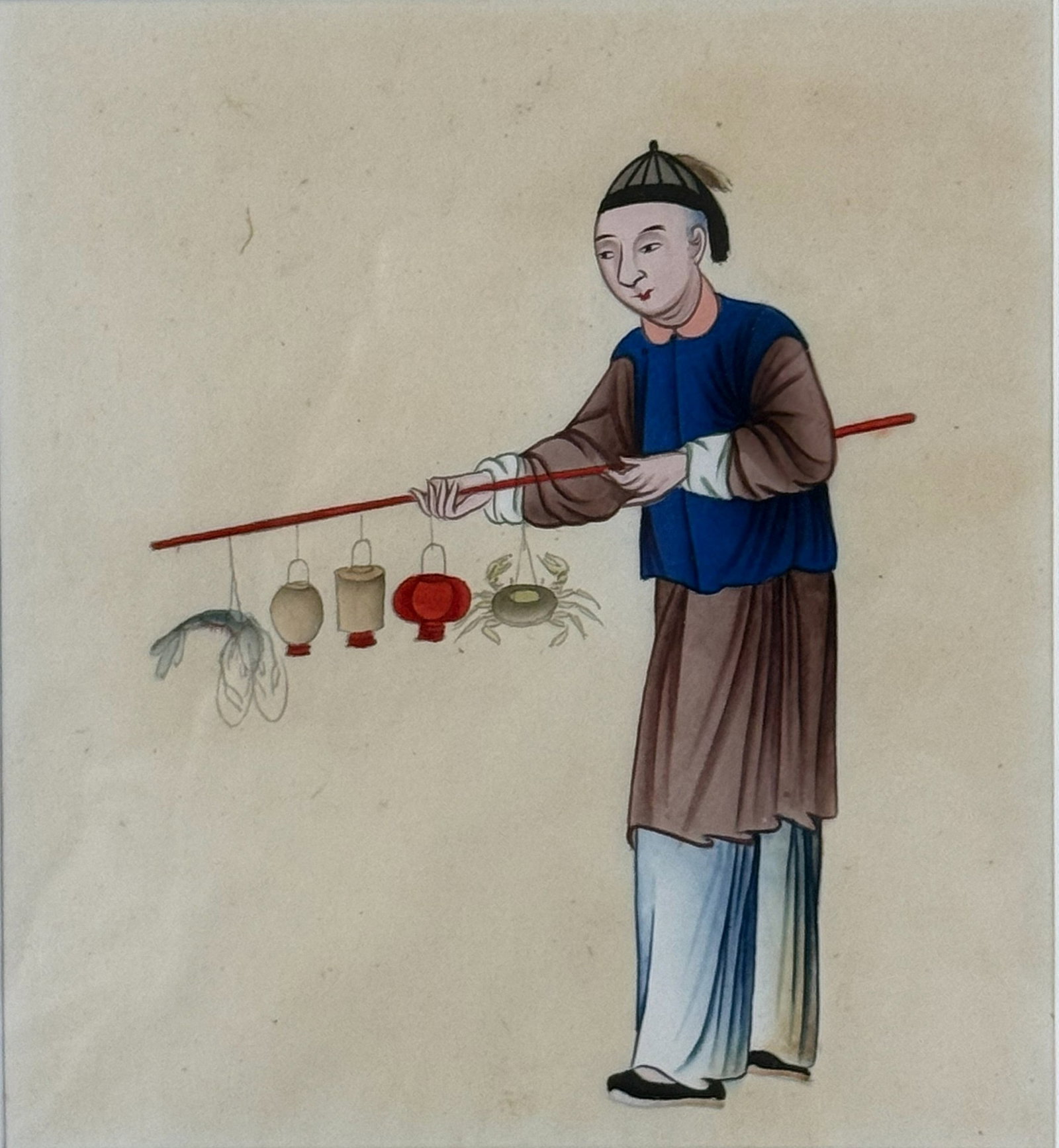 A Vintage Chinese Painting Framed: A Painting with a representation of a traditional Chinse street vendor, H 38.7 cm (15.5in.) x W 34.5cm ( 13.5in.).Preview from Apr 20th to 24th from 1:00 PM TO 5:00 PM Eastern Time, Location: 15229 Di