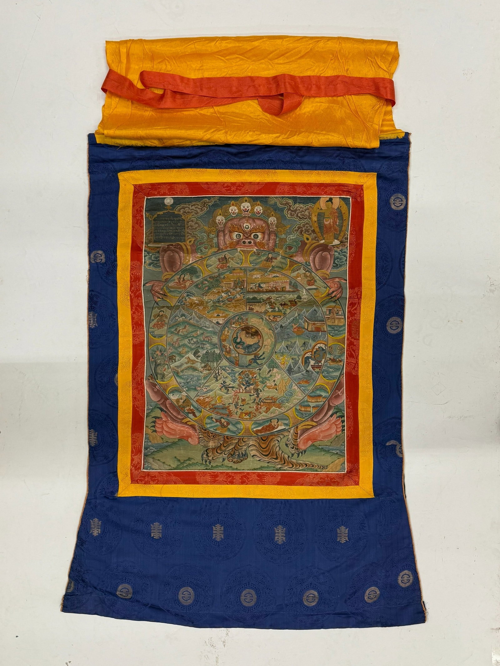 Tibetan Thangka: A Tibetan Thangka, H 104 cm (41in.) x W 66 cm ( 26in.).Preview from Apr 20th to 24th from 1:00 PM TO 5:00 PM Eastern Time, Location: 15229 Display Court, Rockville, MD 20850.