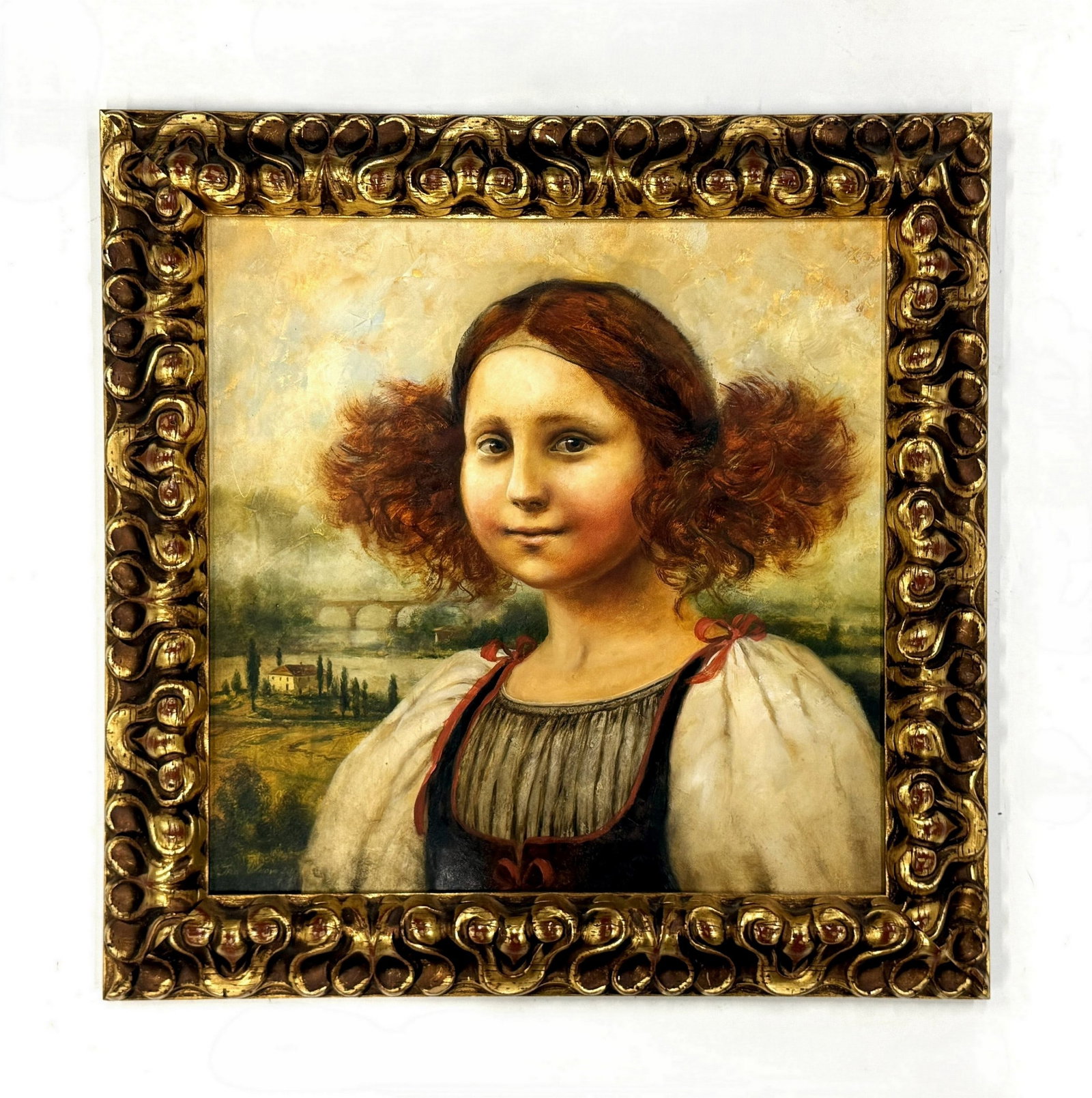 An Oil Painting of A Young Mona Lisa Signed Volkova: An Oil Painting of a Young Mona Lisa by artist Irina Volkova from Ukraine, Frame H63.5 cm (25 in) x W63.5 cm (25 in). Preview from Apr 20th to 24th from 1:00 PM TO 5:00 PM Eastern Time, Location: 1522