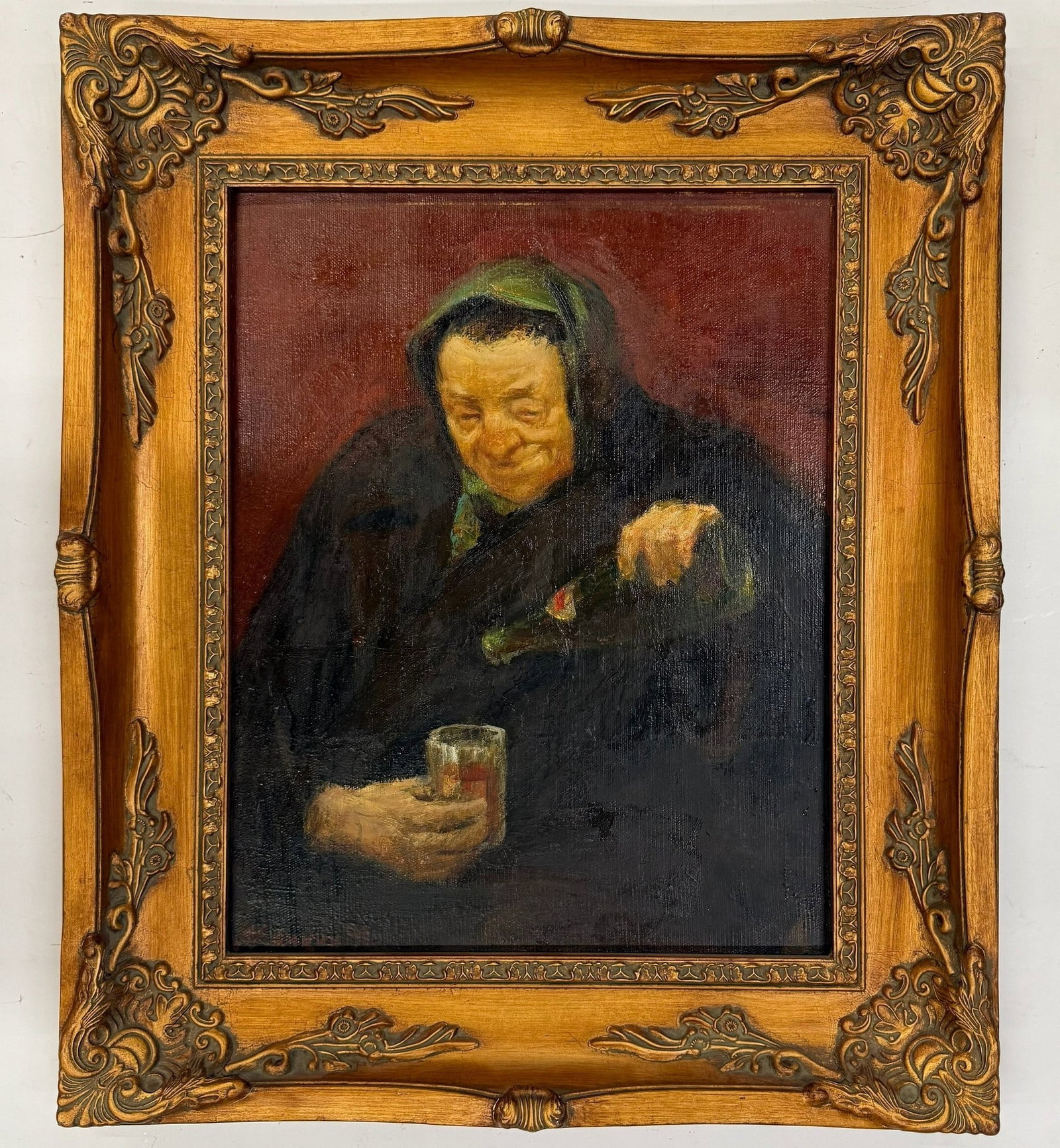 Kaukuh A. G. Oil Painting of an Elderly Woman Pouring a Beverage: Kaukuh A. G. Oil Painting of an Elderly Woman Pouring a Beverage, Frame H 71.1cm ( 28in ) x W 59.7cm (23.5 in ). Preview from Apr 20th to 24th from 1:00 PM TO 5:00 PM Eastern Time, Location: 15229 Dis