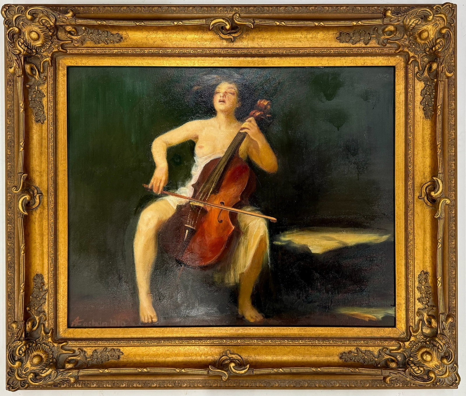 An Oil Painting of a Naked Woman Playing the Cello Signed A Kachkin: An Oil Painting of a Naked Woman Playing the Cello Signed A Kachkin, frame H 128.87cm ( 40.5in) x W87.63 cm (34.5in) . Preview from Apr 20th to 24th from 1:00 PM TO 5:00 PM Eastern Time, Location: 152