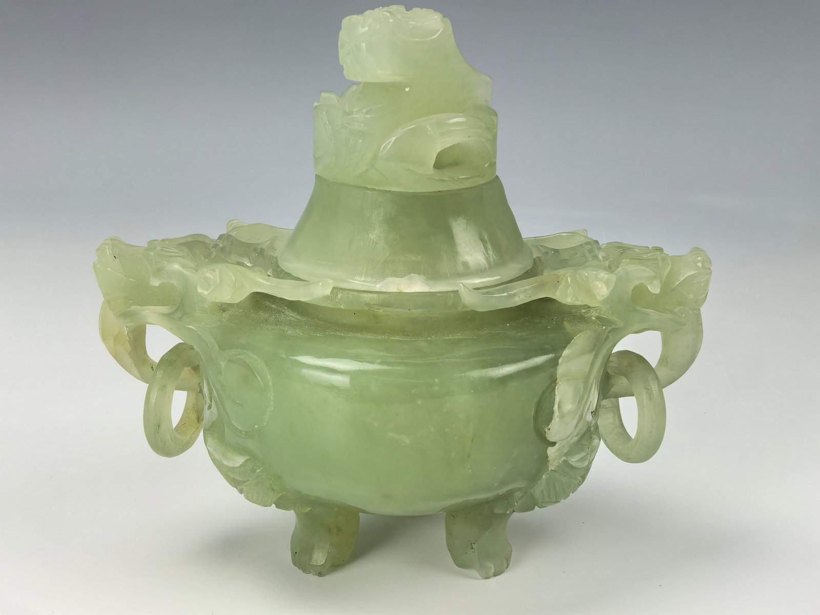 Chinese Hand Carved Jade Incense Burner: Chinese Hand-Carved Jade Incense Burner, size H13cm (5in) x W15cm(6in). Preview from Apr 20th to 24th from 1:00 PM TO 5:00 PM Eastern Time, Location: 15229 Display Court, Rockville, MD 20850.