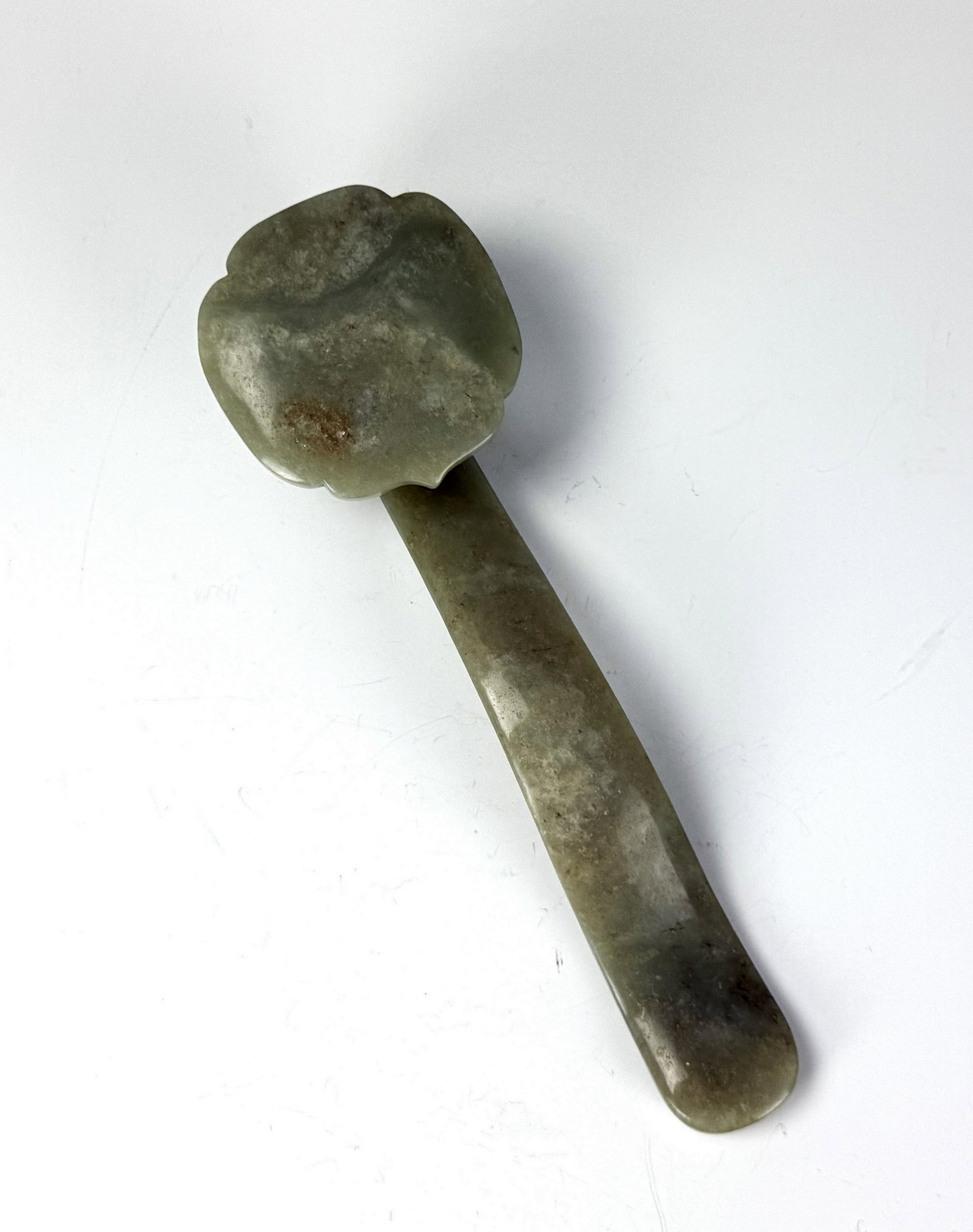 Chinese Carved Jade Ruyi Sceptre: Chinese Carved Jade Ruyi Sceptre.L 24 cm (9.5 in.) x D7.5 cm (3 in.). Preview from Apr 20th to 24th from 1:00 PM TO 5:00 PM Eastern Time, Location: 15229 Display Court, Rockville, MD 20850.