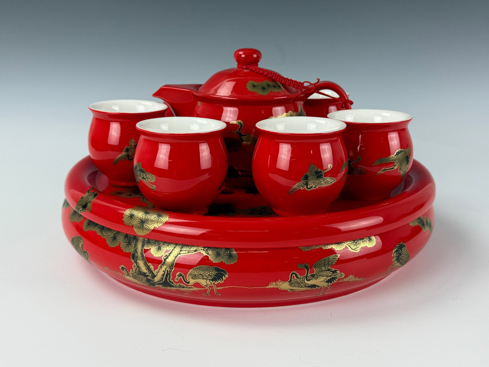 Traditional Chinese Red Glazed Porcelain Tea Set (1 of 4)