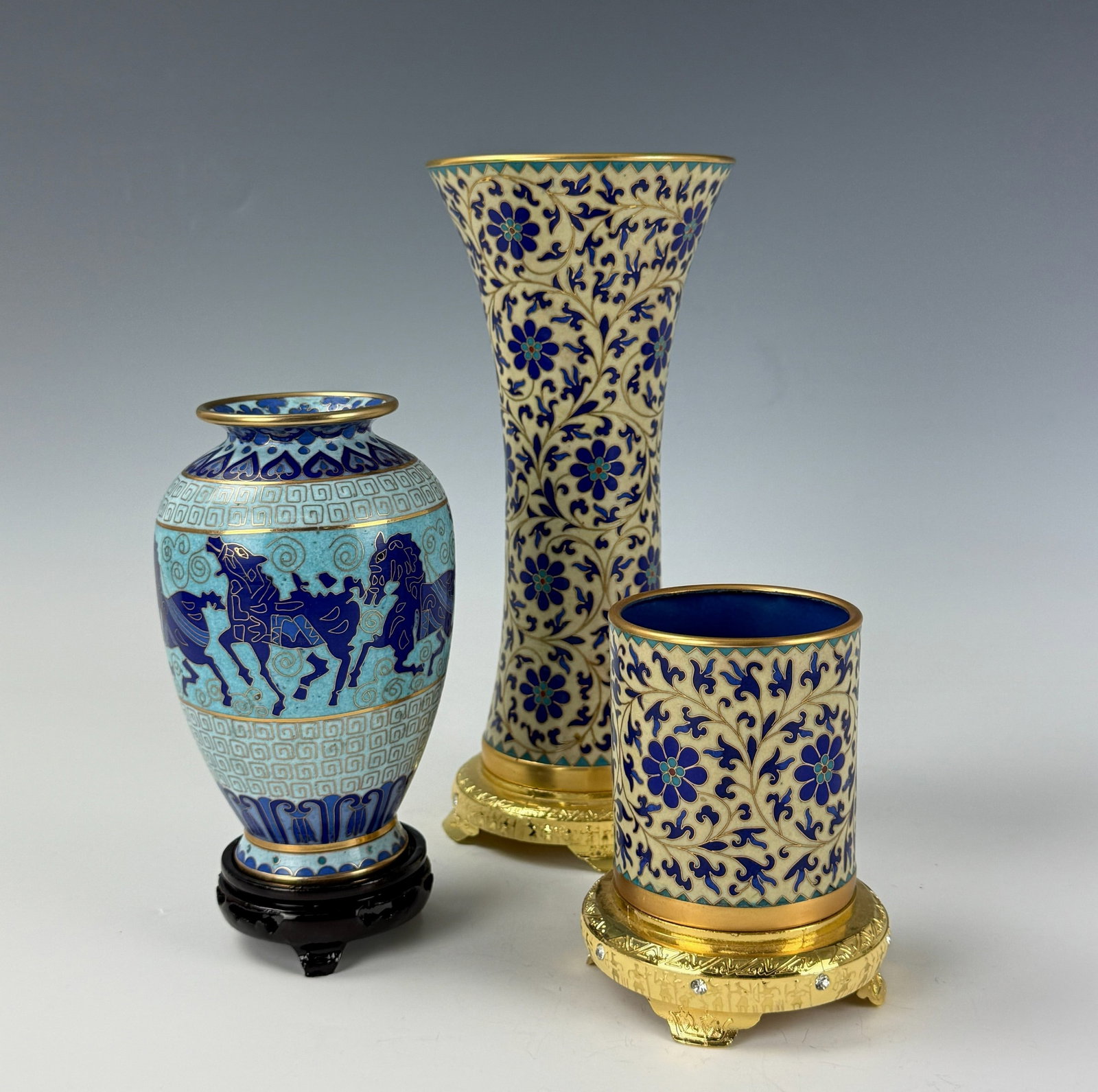 Chinese Cloisonne Enamel Vases 3 Pieces: Chinese cloisonné enamel vases 3 pieces, D 20 cm(8 in.) x H 9.6 cm(3.8 in.).Preview from Apr 20th to 24th from 1:00 PM TO 5:00 PM Eastern Time, Location: 15229 Display Court, Rockville, MD 20850.