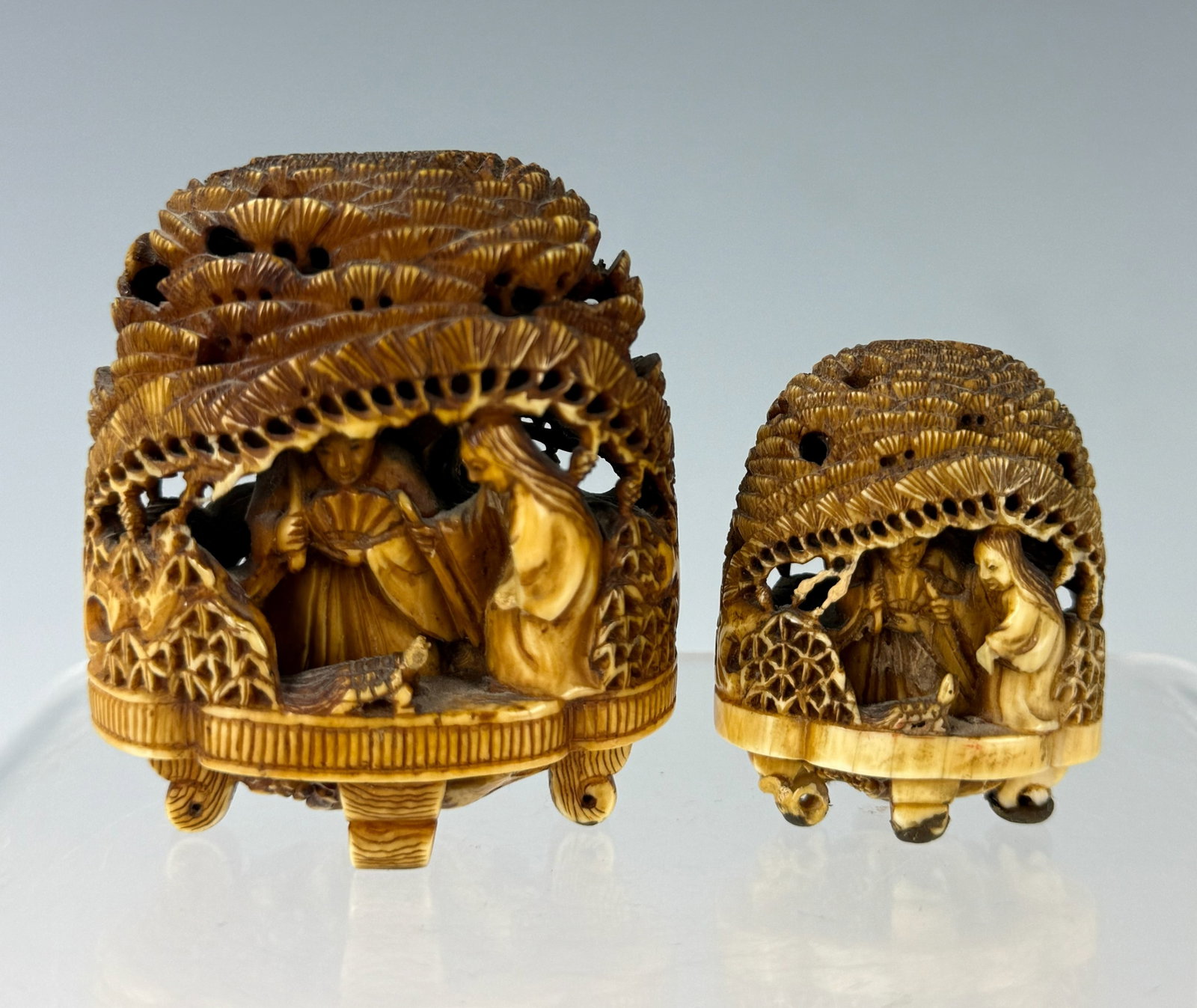 Two Japanese Antique Bone Carved Small Statues Marked: Two Japanese Antique Bone Carved Small Statues Marked. Size: big H6cm (2.3in), small H4cm (1.5in).Preview from Apr 20th to 24th from 1:00 PM TO 5:00 PM Eastern Time, Location: 15229 Display Court, Roc