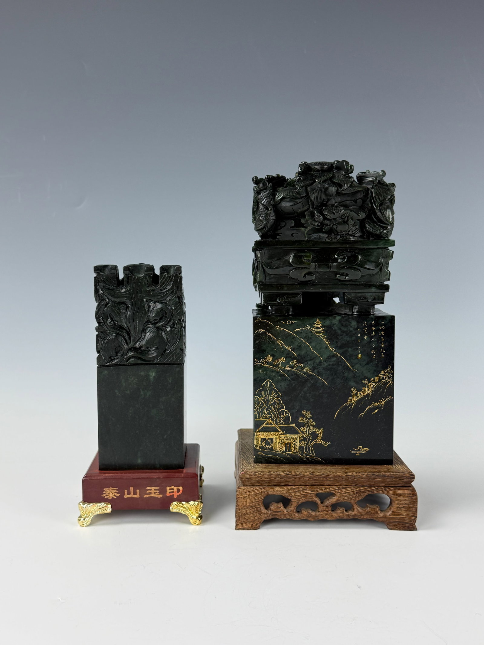 Two Chinese Five Dragon Stone Seals: Two Chinese Five Dragon Stone Seals, larger size: H 18cm (7in) x W 5.7cm (2.5in) , Preview from Apr 20th to 24th from 1:00 PM TO 5:00 PM Eastern Time, Location: 15229 Display Court, Rockville, MD 2085