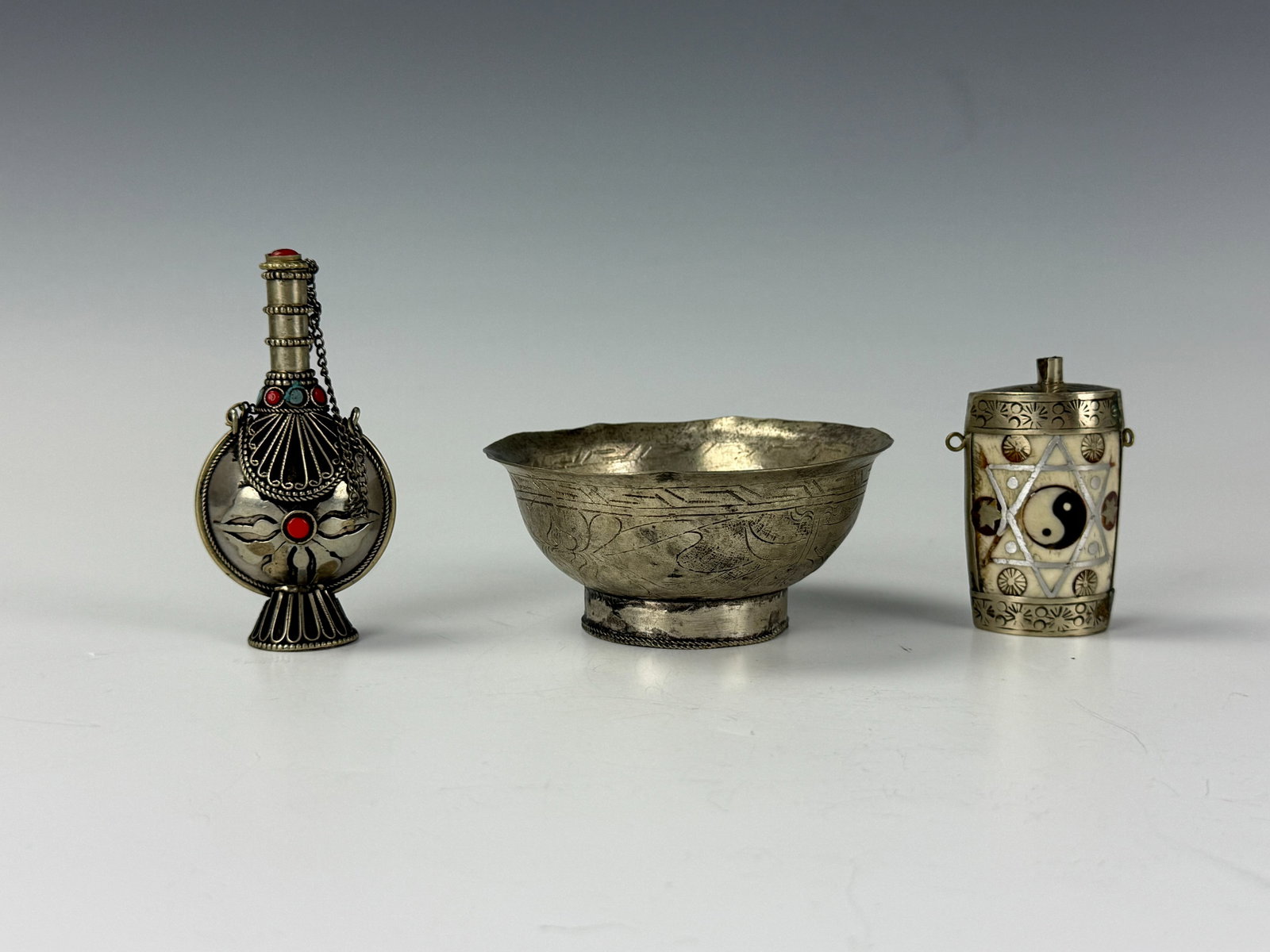 Vintage Silver Tibetan Buddhist Ritual Vessels (3 pieces) (1 of 11)