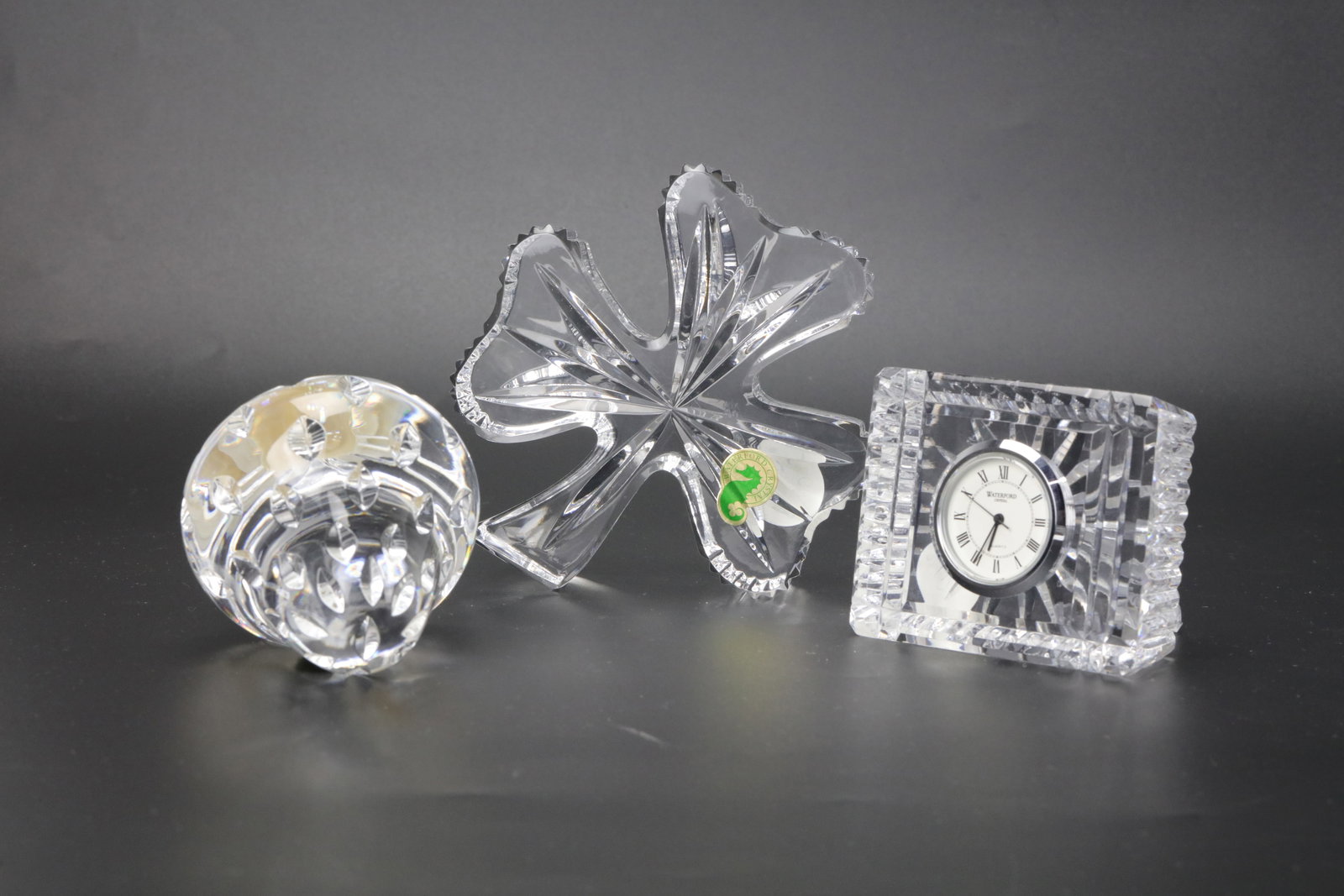 Waterford Crystal Shamrock Paperweight,Clock, and Strawberry. Shamrock W10cm(4in) x H3cm(1.2in);: Waterford Crystal Shamrock Paperweight,Clock, and Strawberry. Shamrock W10cm(4in) x H3cm(1.2in); Clock W7.5cm(3in) x D6.5cm(2.7in); Strawberry G7cm(2.7in). Preview from Apr 20th to 24th from 1:00 PM T