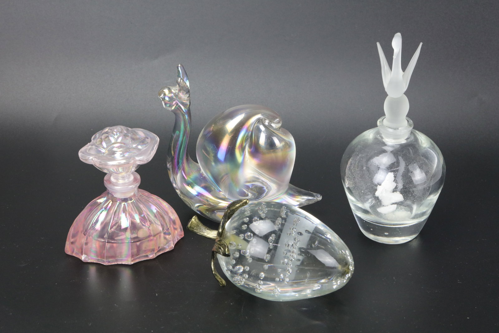Vintage Silbestri Glass Paperweight Handcrafted in Taiwan 4 Pieces (2 Perfume Bottles, 1 Strawberry,: Vintage Silbestri Glass Paperweight Handcrafted in Taiwan 4 Pieces (2 Perfume Bottles, 1 Strawberry, and 1 Snail). Snail H10cm(4in). Preview from Apr 20th to 24th from 1:00 PM TO 5:00 PM Eastern Time,
