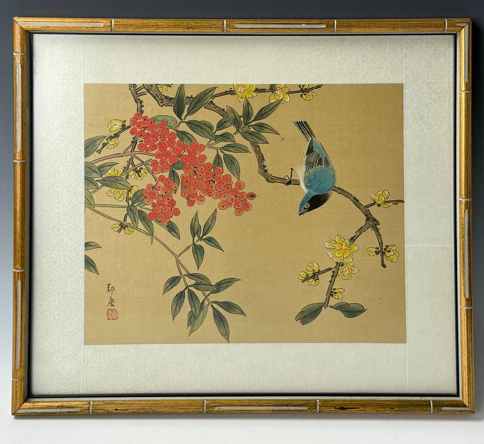Chinese Painting by Zheng Qing: Chinese Painting by Zheng Qing, Bird and Flower,framed.H 25cm(9.7 in.) x W 30.5cm(12 in.),Preview from June 22nd to 26th from 1:00 PM TO 5:00 PM Eastern Time, Location: 15229 Display Court, Rockville,