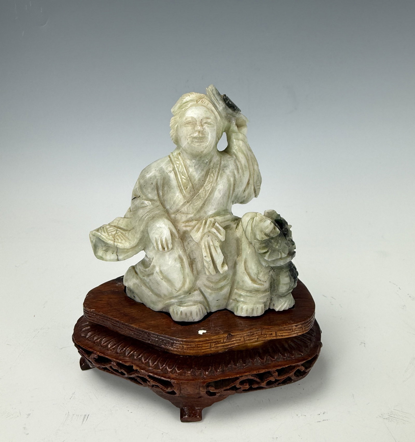 A Chinese Carved Jade Figure on Ornate Wooden Stand (1 of 3)