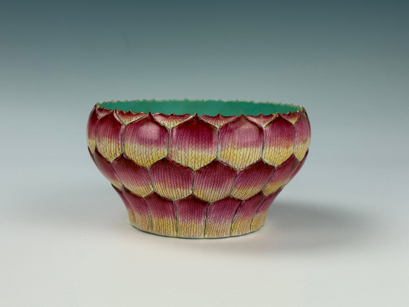 Chinese Famille Rose Lotus Bowl Carved Qianlong Mark: Chinese Famille Rose Lotus Bowl Carved Qianlong Mark. D 14.5cm (5.7in.)x H 8.6cm (3.3in.). Preview from June 22nd to 26th from 1:00 PM TO 5:00 PM Eastern Time, Location: 15229 Display Court, Rockville