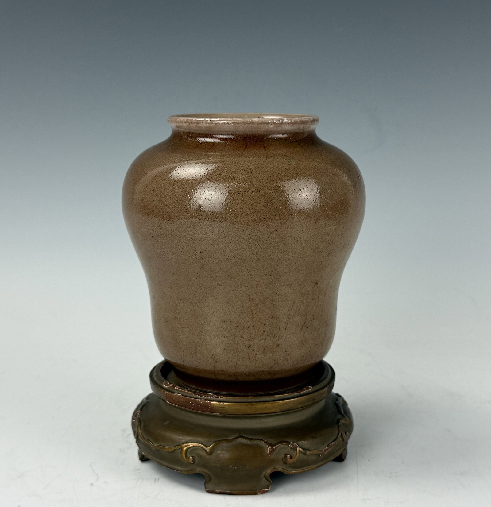 Chinese Brown Glazed Porcelain Rounded Vase with Wood Base (1 of 6)