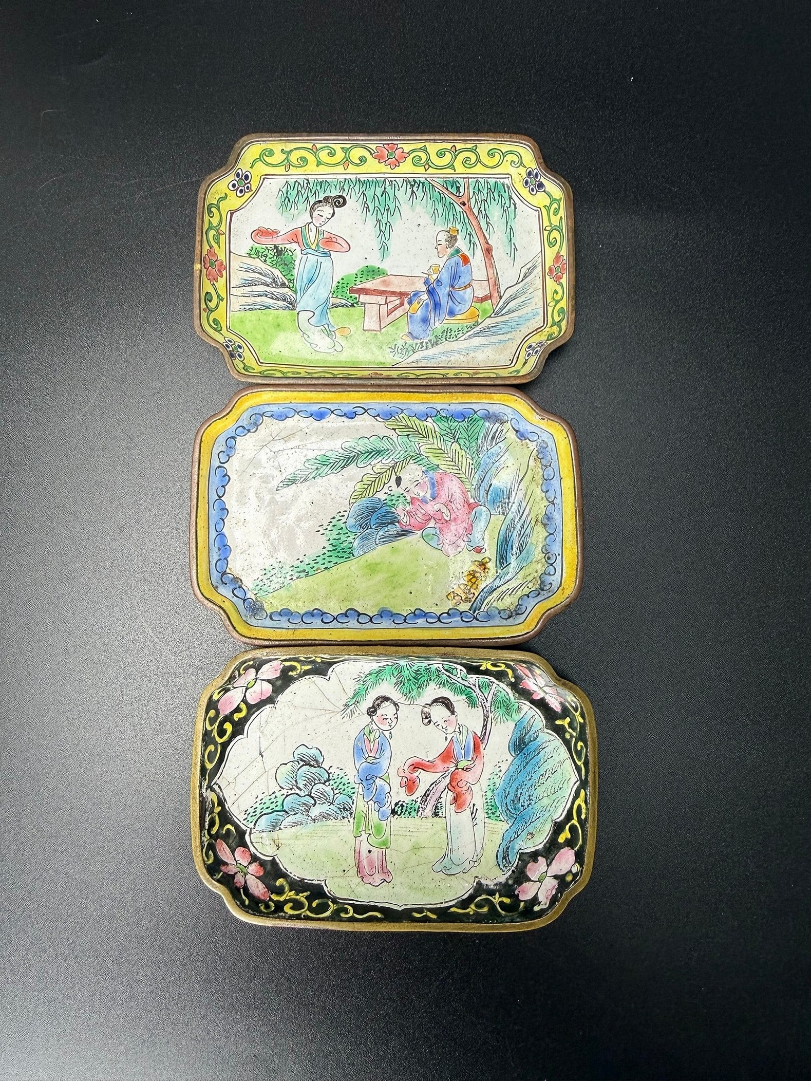 Three Antique Canton Enamel Decorative Copper Small Trays (1 of 2)