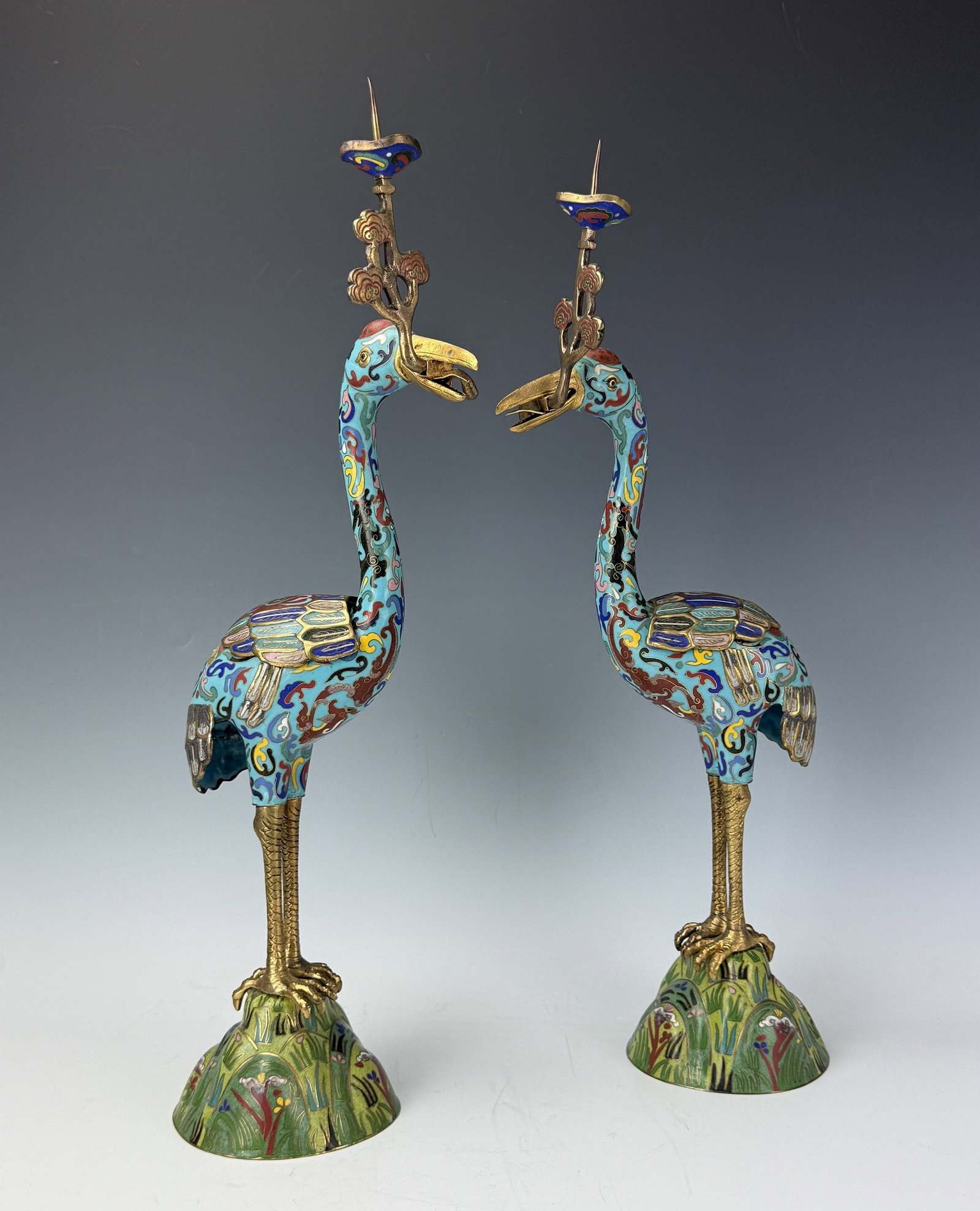Pair of Vintage Chinese Cloisonne Crane Form Candle Holders (1 of 6)