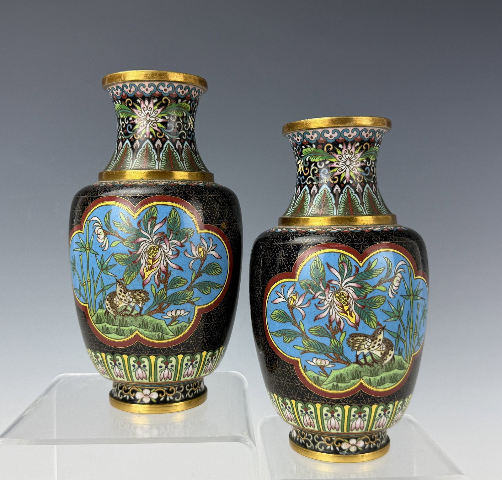 Pair of Laotianli Cloisonne Copper Vases Marked (1 of 8)