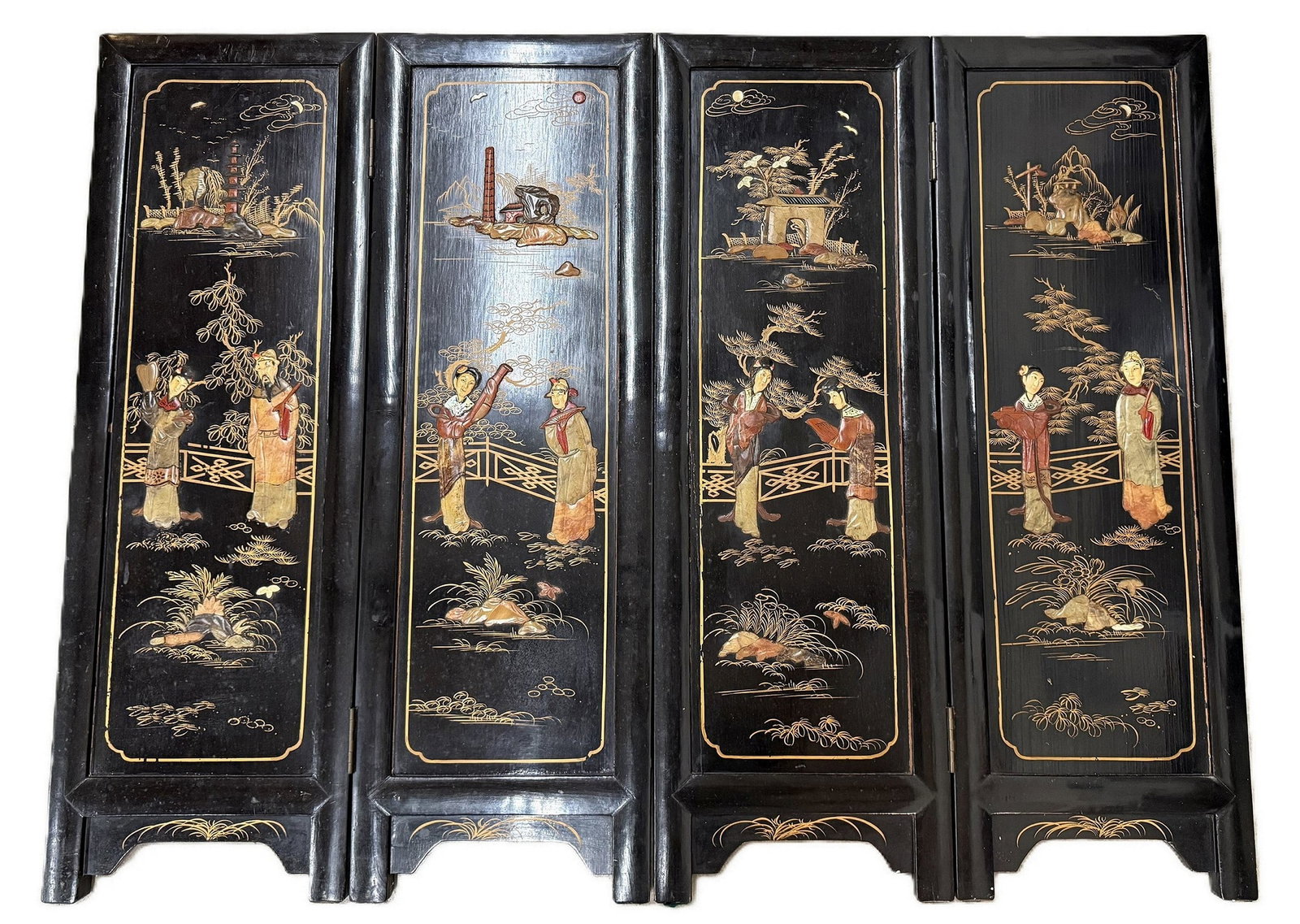 Asian Lacquer Four Panel Screen with Inlaid Figures and Pavilion Motifs (1 of 4)