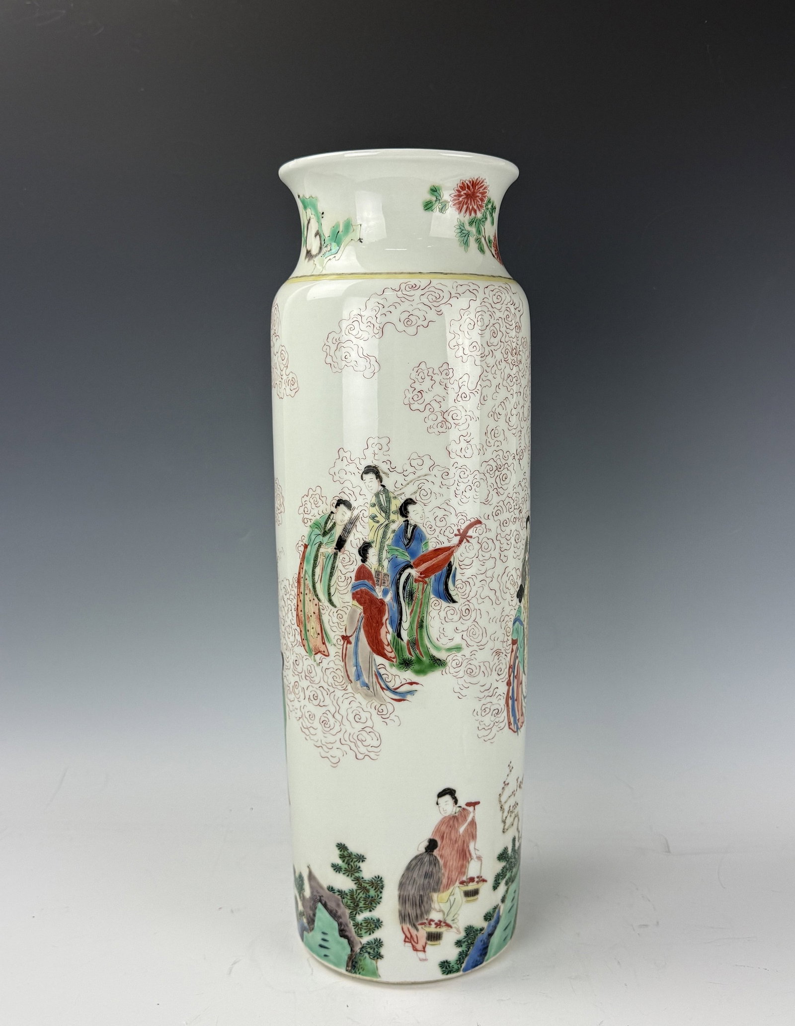 18th Century Chinese Famille Verte Cylindrical Vase: Famille Verte cylindrical vase painted with fairies and scholars. 18th century. H 49cm(19.3 in.) x D 14.5cm(5.7 in.). Preview from June 22nd to 26th from 1:00 PM TO 5:00 PM Eastern Time, Location: 152