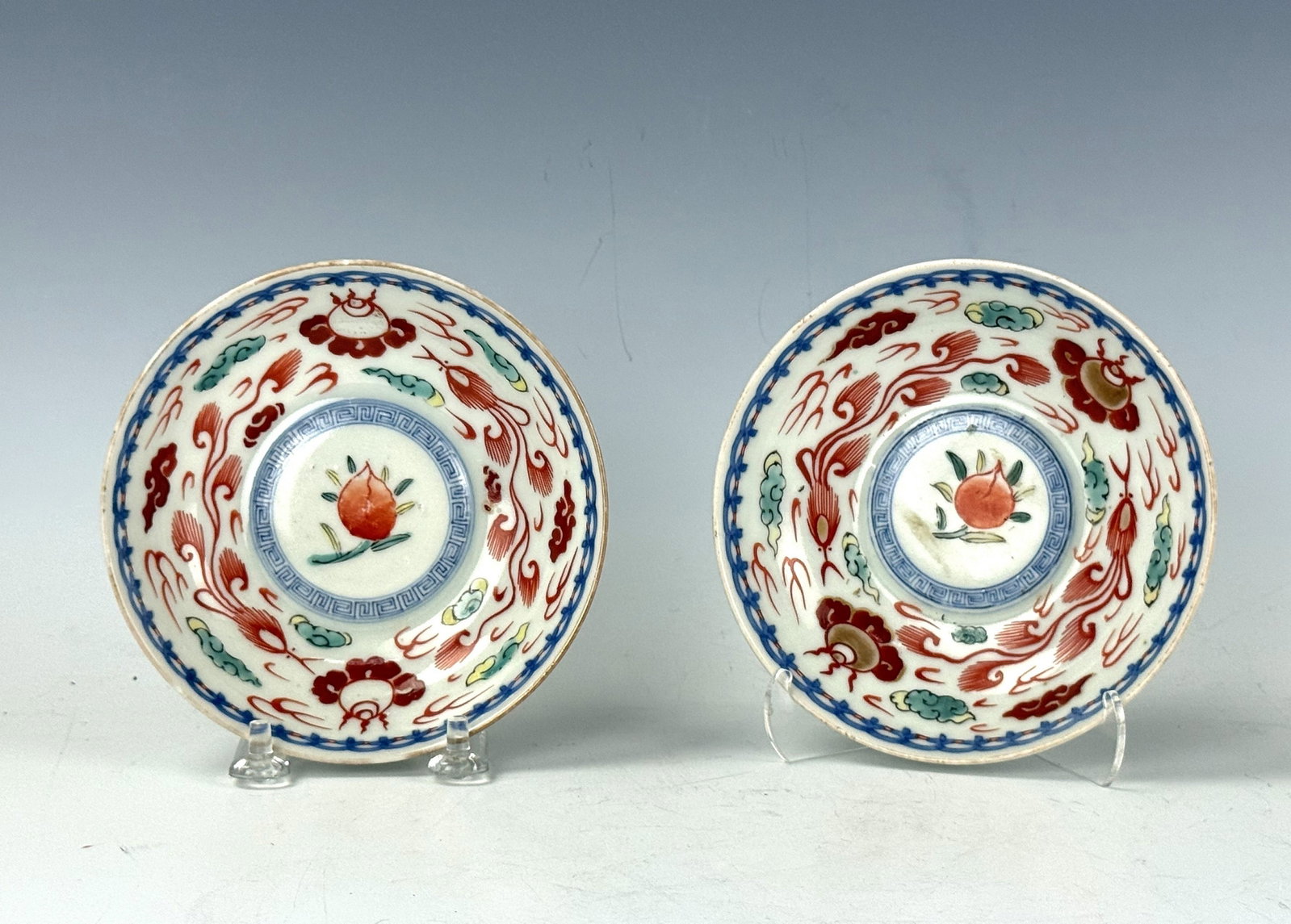 Pair of 19th Century Porcelain Plates Painted in Blue and White and Red Glazes: Pair of 19th Century Porcelain Plates Painted in Blue and White and Red Glazes. D 12.8cm(5in.) x 2. Preview from June 22nd to 26th from 1:00 PM TO 5:00 PM Eastern Time, Location: 15229 Display Court, 