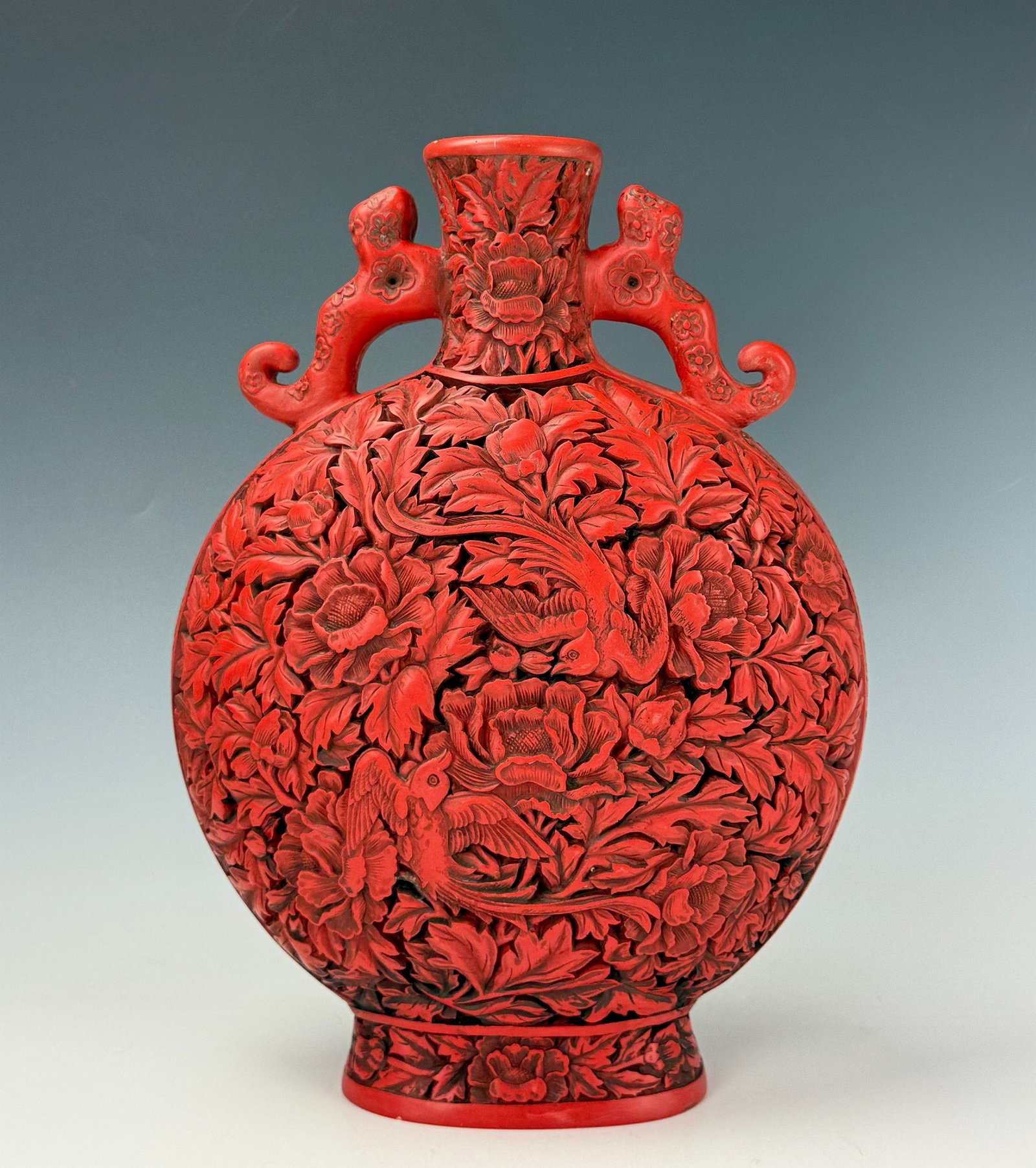 Chinese Red Cinnabar Carved Vase with Phoenix and Floral Motifs Marked (1 of 7)