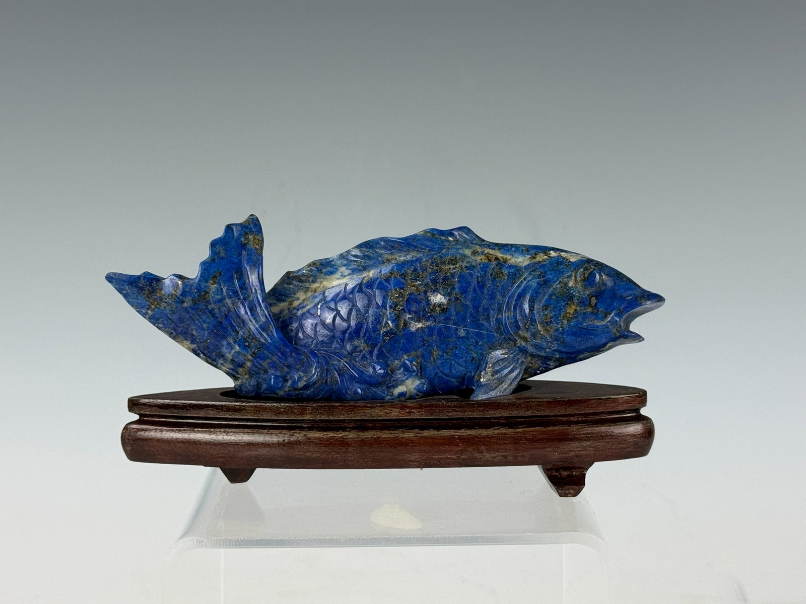 Chinese Carved Fish Lapis Lazuli With Wooden Stand (1 of 3)
