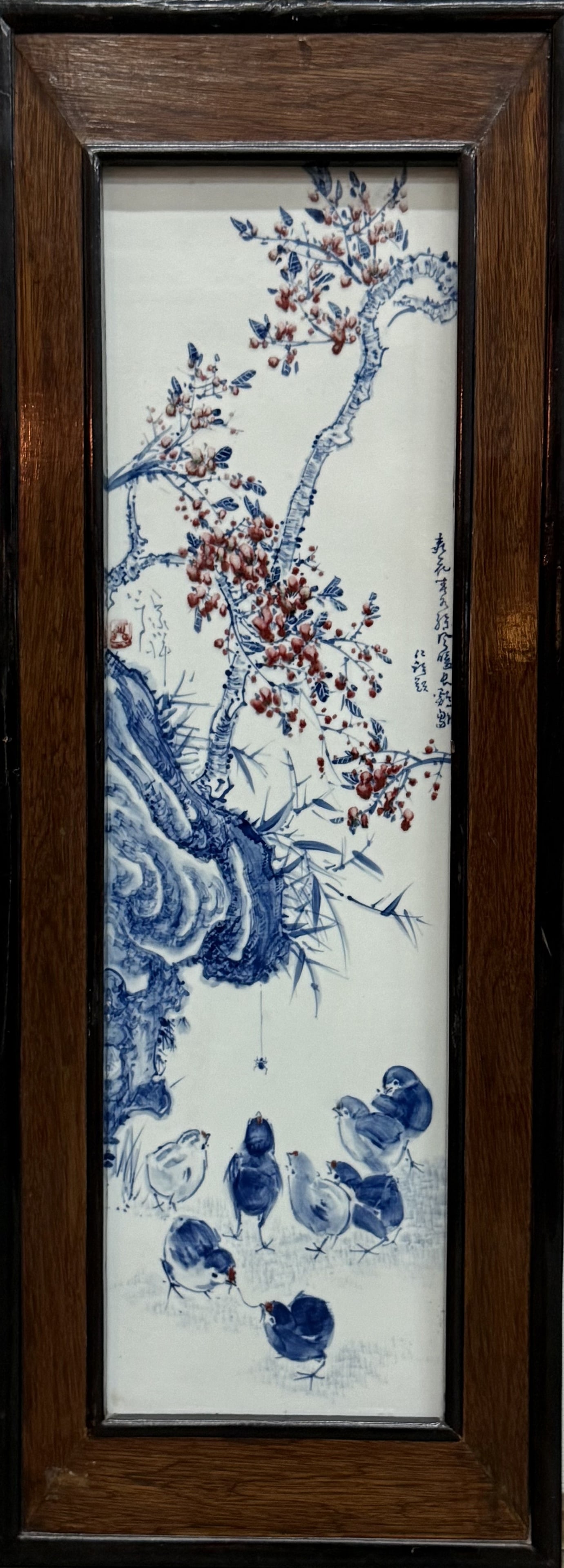 Framed Blue and White Porcelain Plaque with Birds and Blossoming Branch (1 of 5)