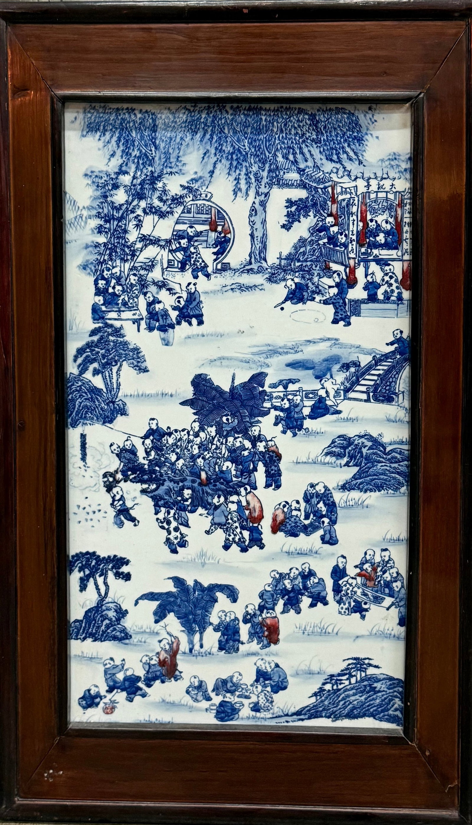 Chinese Blue and White Porcelain Plaque with Childrens: Framed Blue?and?White Porcelain Plaque with Children?at?Play Scene. H 55cm(21.7 in.) x W 30cm(11.8in.). Preview from June 22nd to 26th from 1:00 PM TO 5:00 PM Eastern Time, Location: 15229 Display