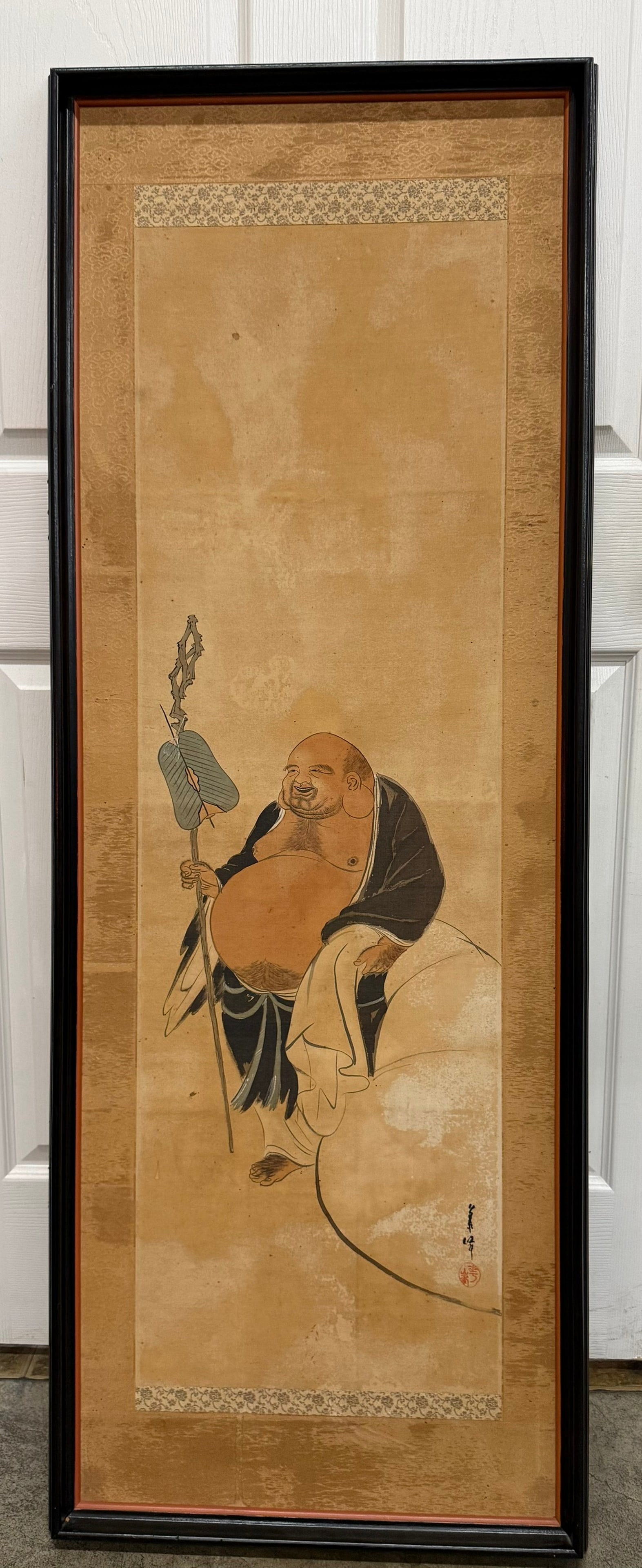 Asian Antique Painting of Happy Buddha: Asian Antique Painting of Happy Buddha. H 117 cm(46in.) x W 35 cm(14 in.). Preview from June 22nd to 26th from 1:00 PM TO 5:00 PM Eastern Time, Location: 15229 Display Court, Rockville, MD 20850.