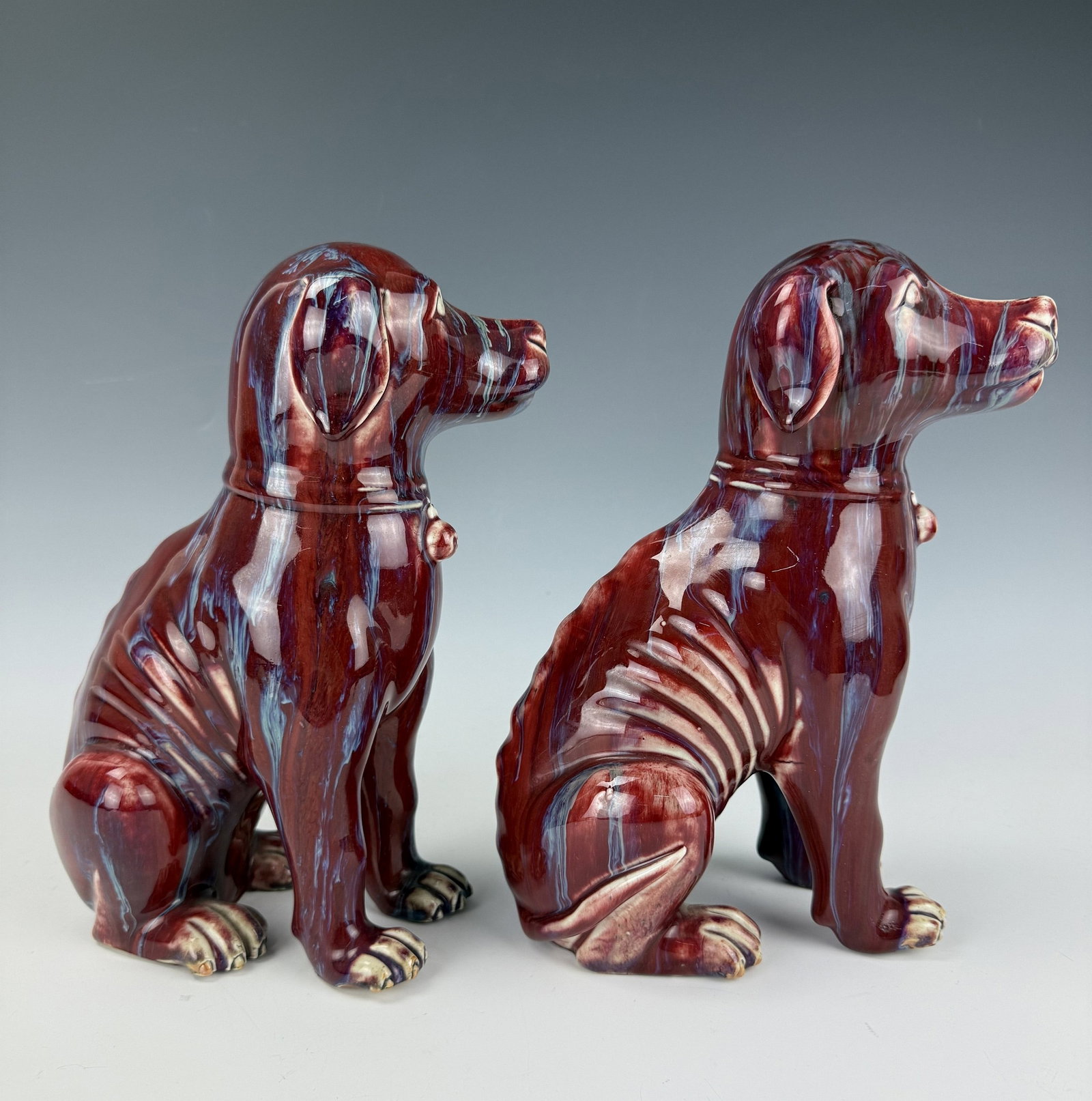 Pair of Antique Chinese Flambe Glazed Porcelain Dog Sculptures (1 of 7)