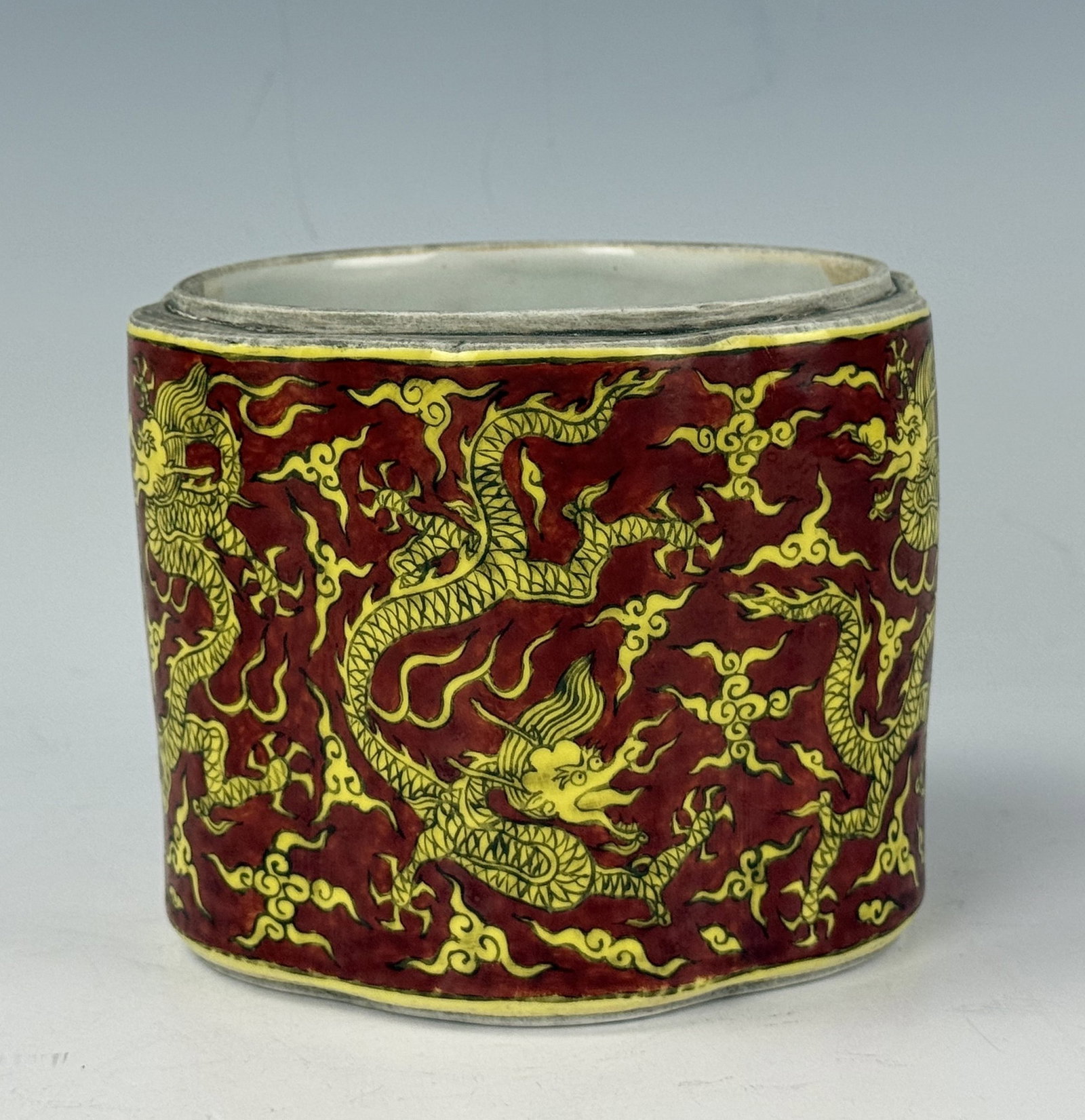 Chinese Porcelain Cricket Bowl with Yellow Dragons On Red Ground Jiajing Mark: Porcelain cricket bowl painted with yellow dragons on red ground, Jiajing mark. D 12.6cm(5in.) x H 10.5cm(4.1in.). Preview from June 22nd to 26th from 1:00 PM TO 5:00 PM Eastern Time, Location: 15229 