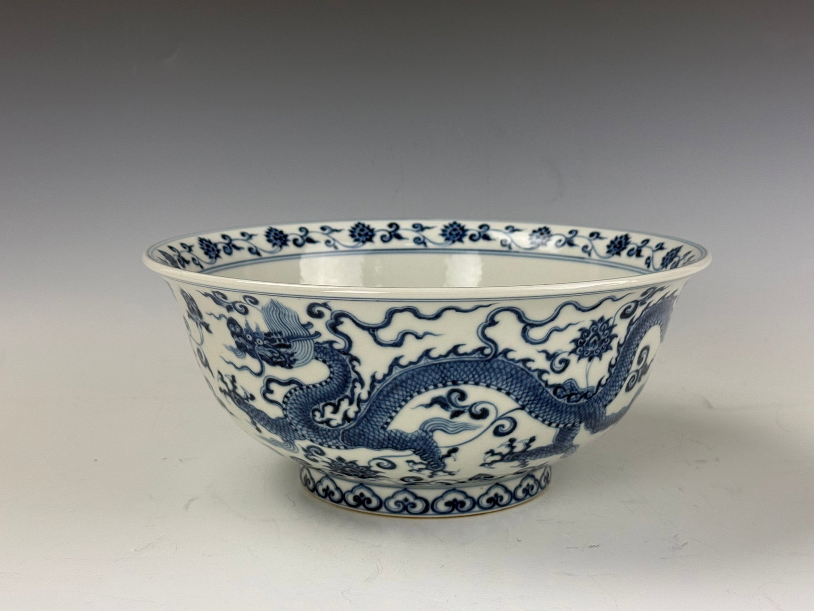 Large Chinese Blue and White Drogans Porcelain Bowl Xuande Mark: Large Chinese Blue and White Drogans Porcelain Bowl Xuande Mark, D 27.5 cm(10.8 in.) x H 12 cm(4.7in.). Preview from June 22nd to 26th from 1:00 PM TO 5:00 PM Eastern Time, Location: 15229 Display Cou