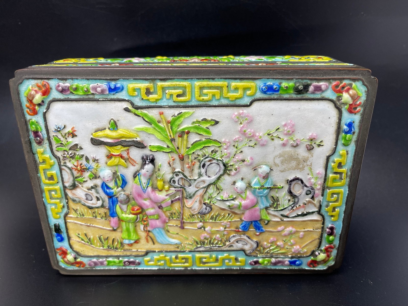 Antique Canton Enamel Decorated Box with Colorful Raised Figural (1 of 6)